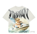 Off-white oversized tee with rhinestone "MIXED EMOTION" text and a cherub on a jetski graphic.