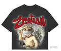 Black cropped tee with red rhinestone "Emotion" text and a blindfolded angel graphic.
