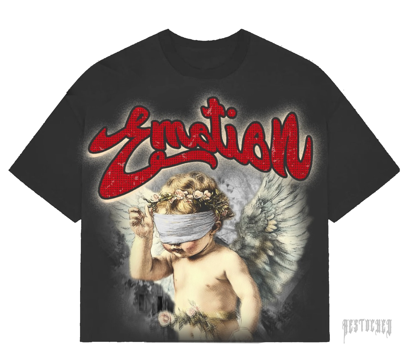 Black cropped tee with red rhinestone "Emotion" text and a blindfolded angel graphic.