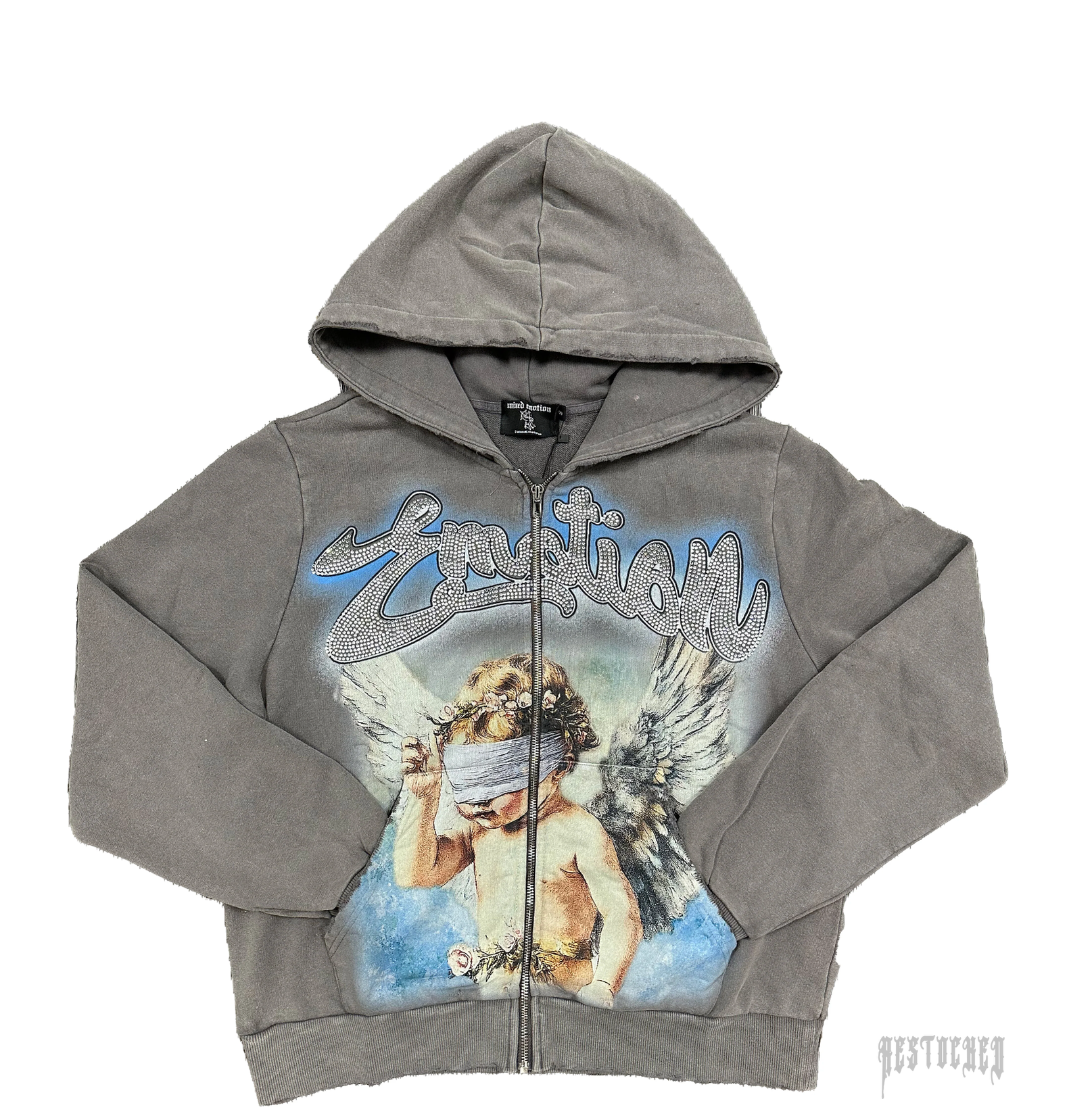 Grey rhinestone hoodie with "Emotion" text and blindfolded cupid graphic.