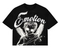 Black cotton tee with "Emotion" text and a pearl-embellished angelic figure holding arrows.