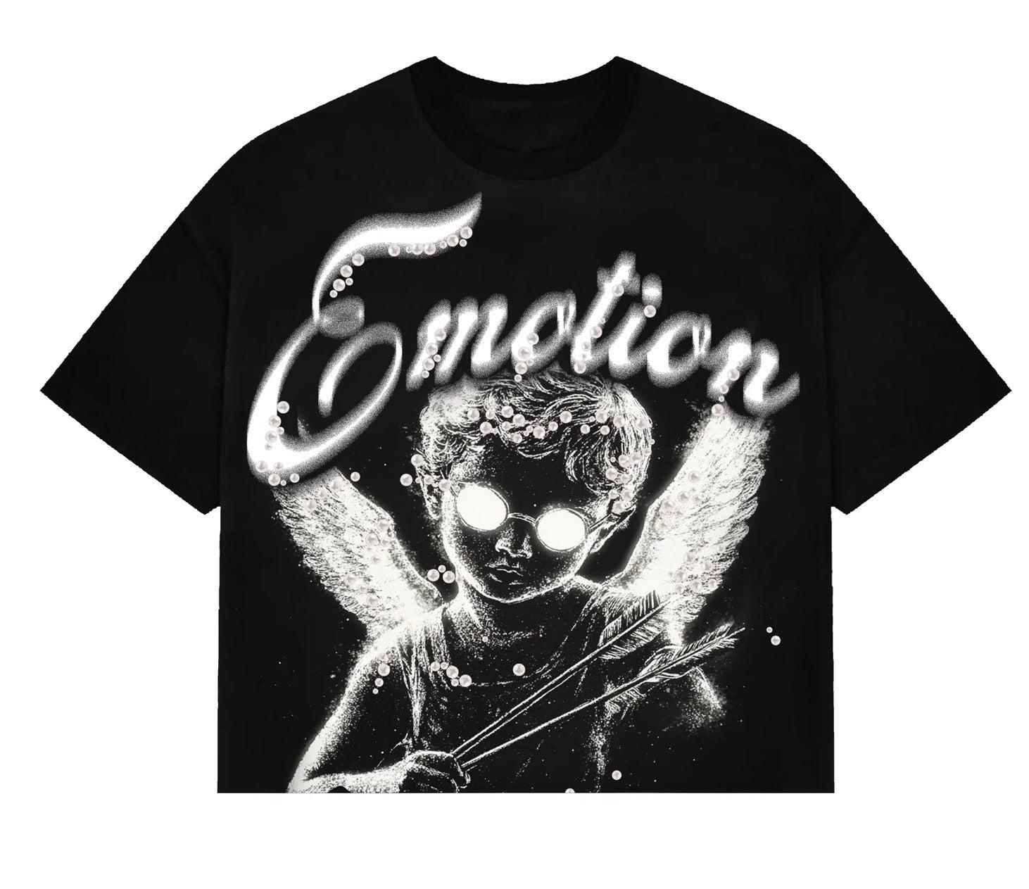 Black cotton tee with "Emotion" text and a pearl-embellished angelic figure holding arrows.