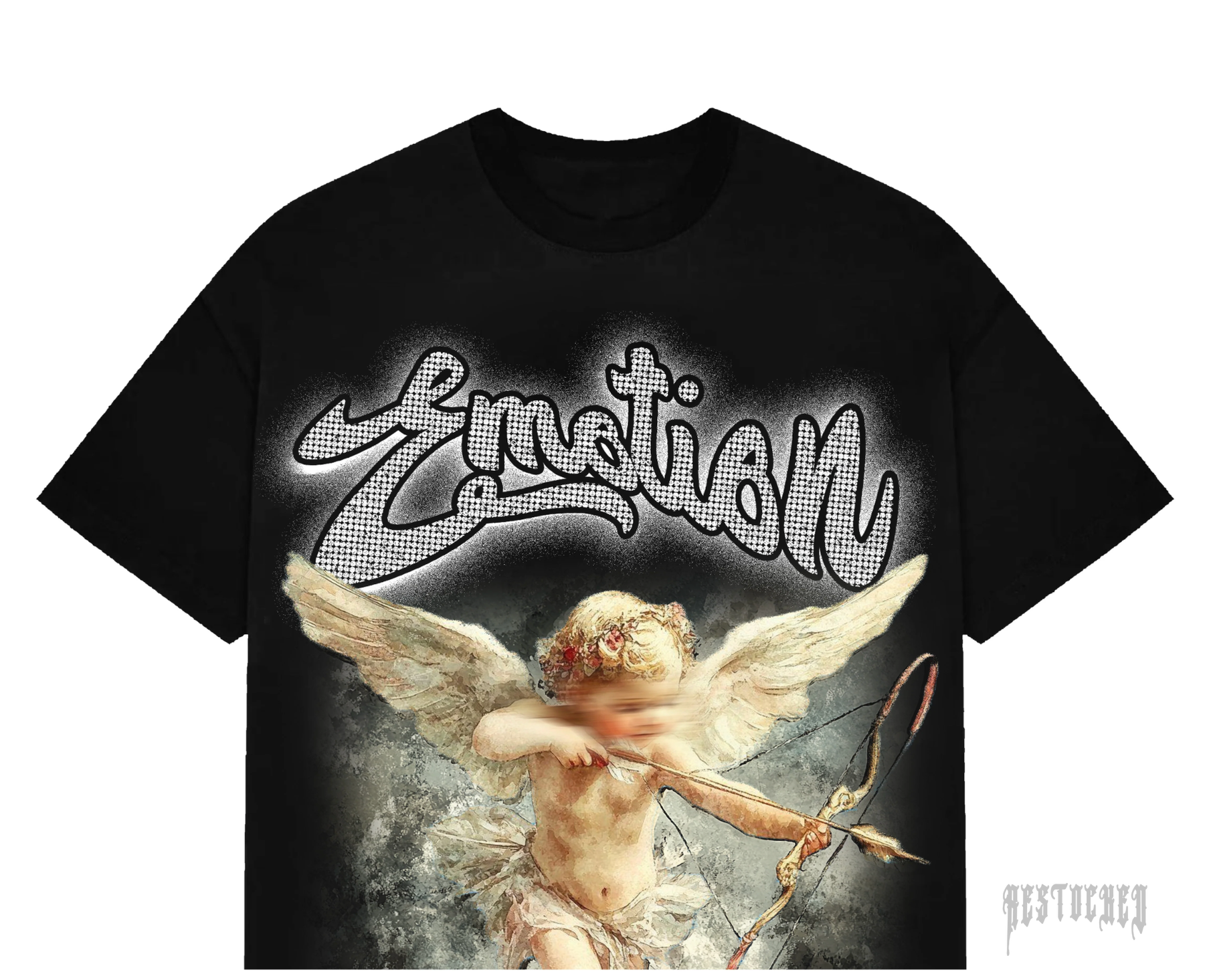 Black tee with "Emotion" in rhinestone script and a blurred Cupid aiming a bow.