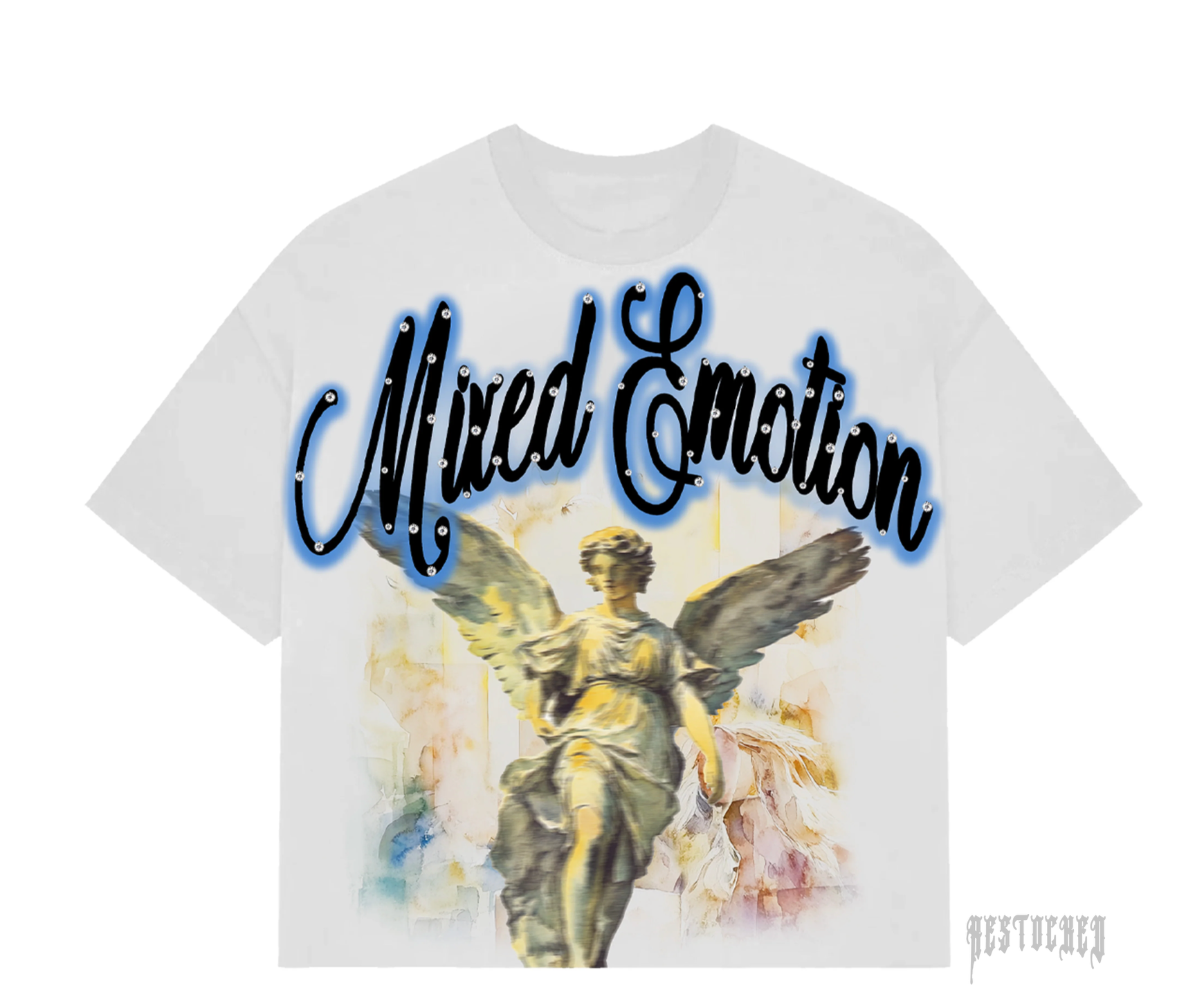 White cropped tee with "Mixed Emotion" in black script with blue glow and rhinestones, above a blurred angel statue.