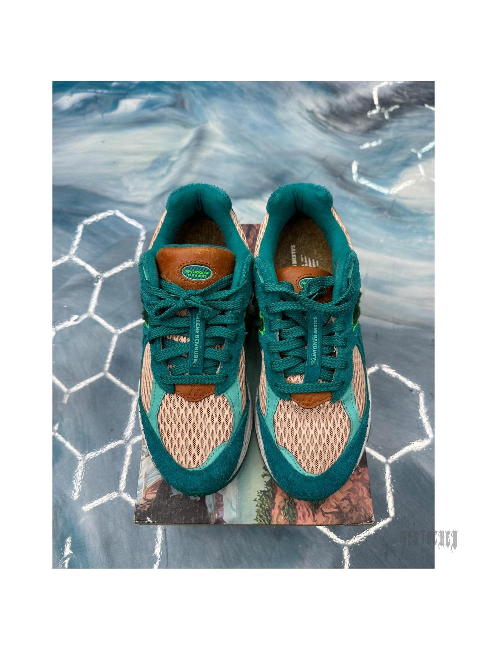 New Balance 2002R Salehe Bembury "Water Be The Guide" sneakers, size 8.5, with teal suede, peach mesh, and brown leather accents.