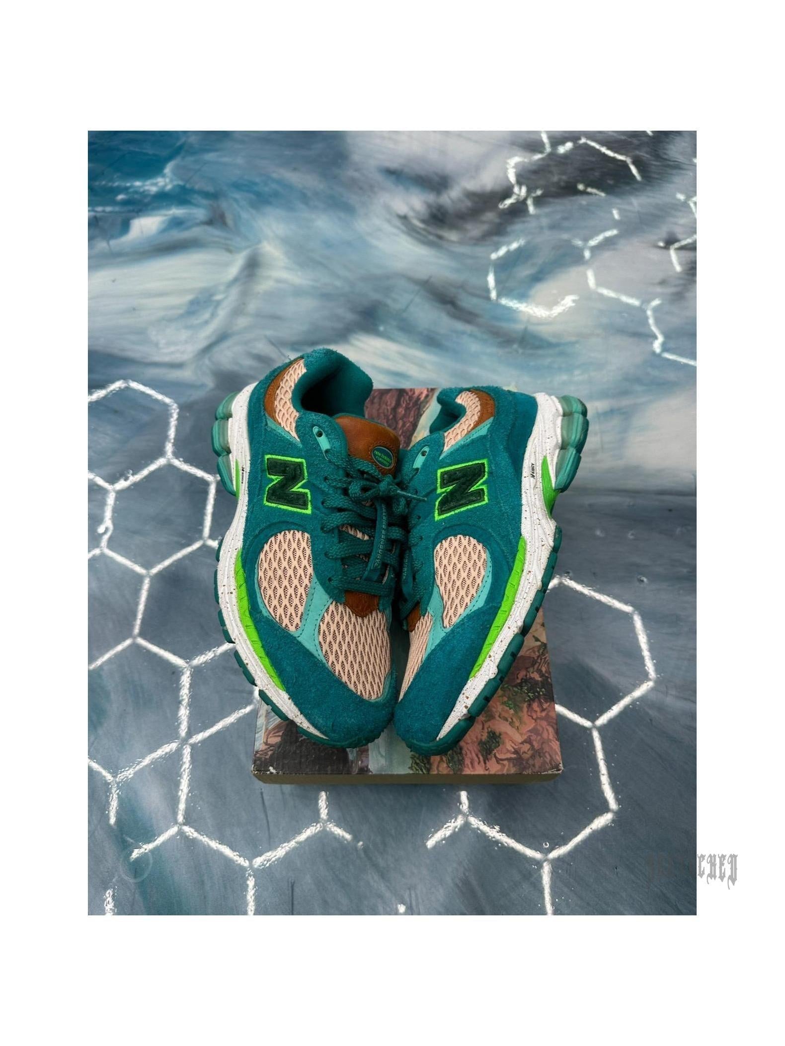 New Balance 2002R Salehe Bembury "Water Be The Guide" sneakers, teal suede and mesh, size 8.5.