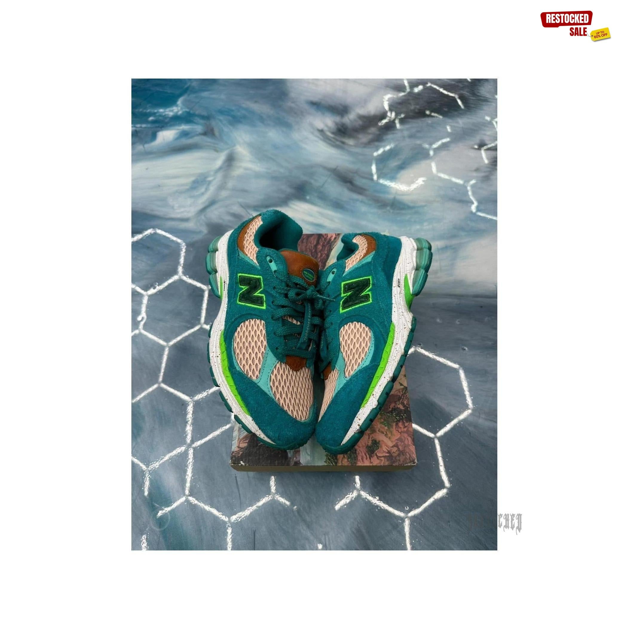 New Balance 2002R Salehe Bembury "Water Be The Guide" sneakers, teal suede and mesh, size 8.5.