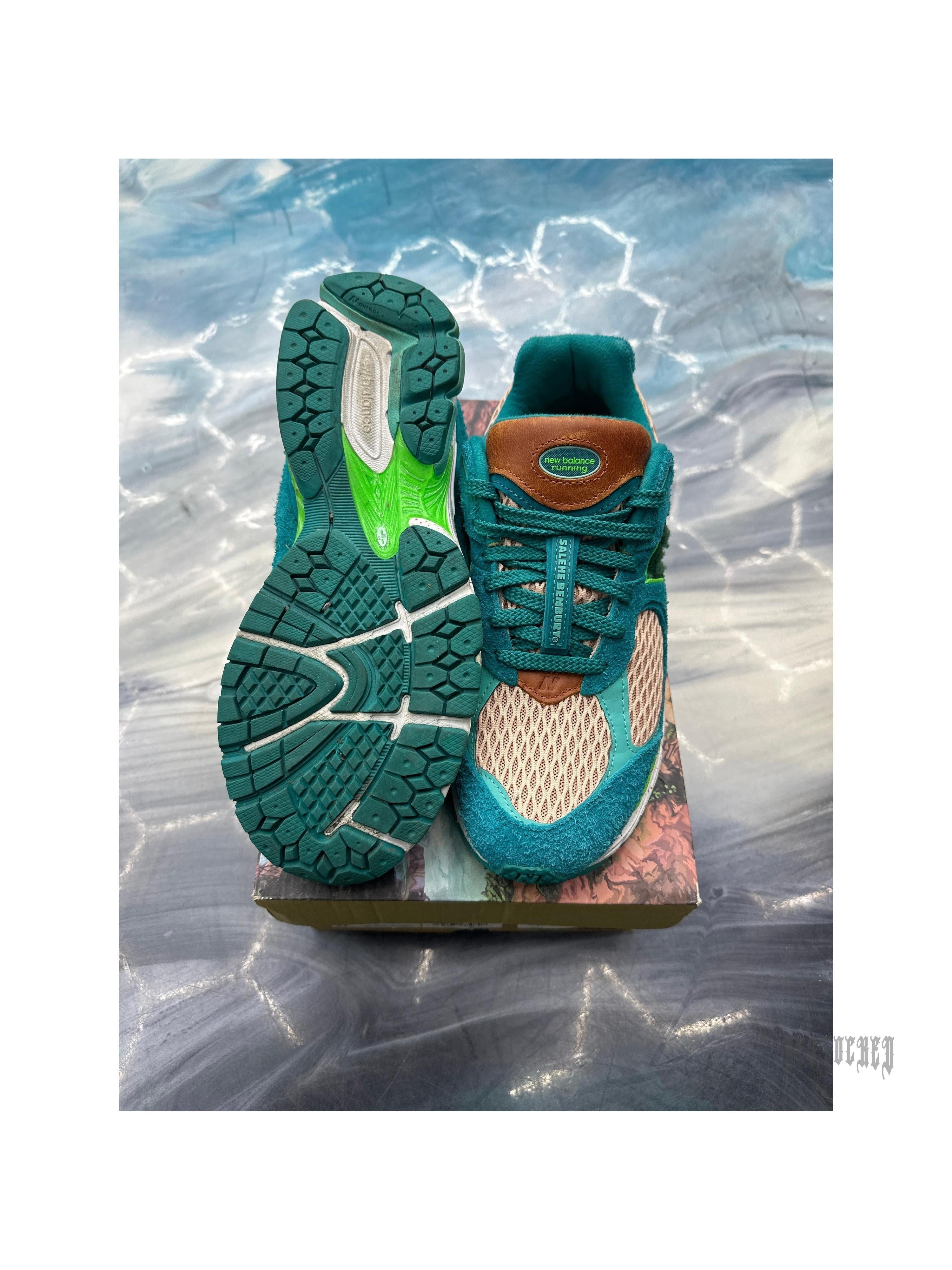 New Balance 2002R Salehe Bembury Water Be The Guide, teal suede and mesh, brown accents, size 8.5.