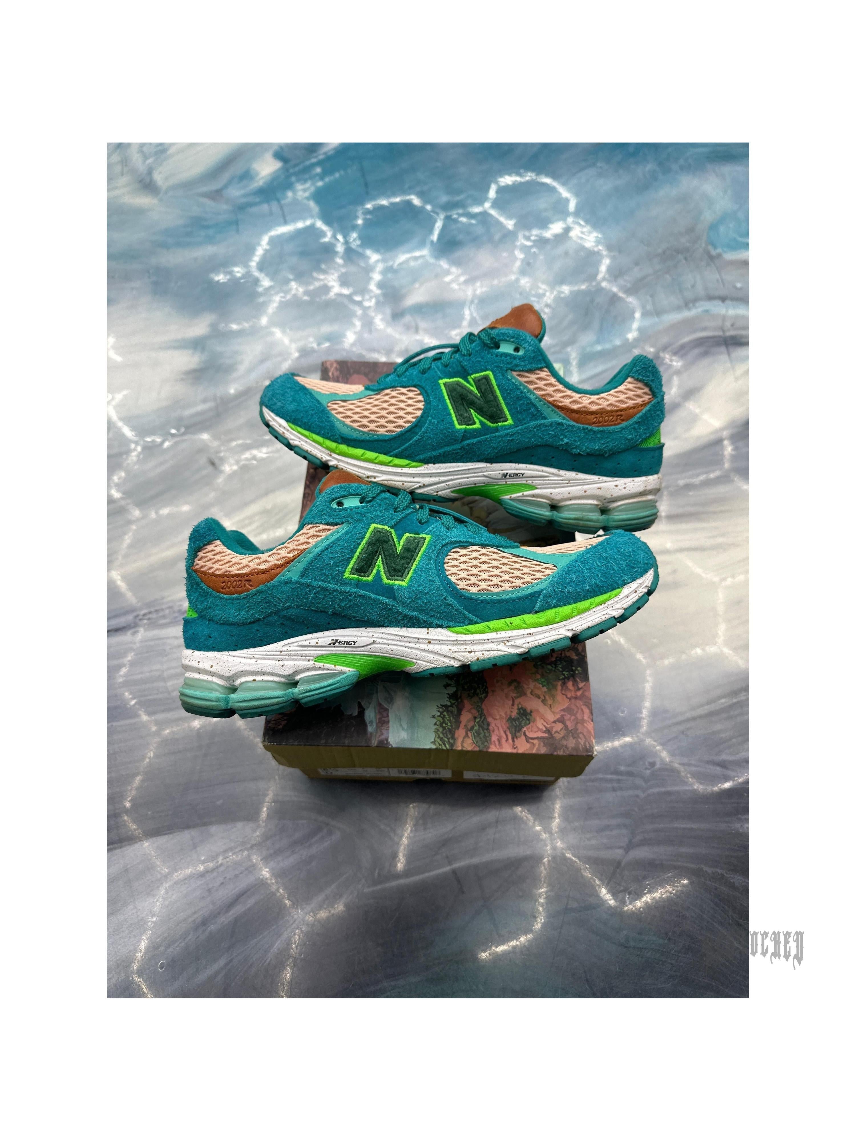 New Balance 2002R Selehe Bembury "Water Be The Guide" pre-owned size 8.5, teal suede and mesh with green N logo.