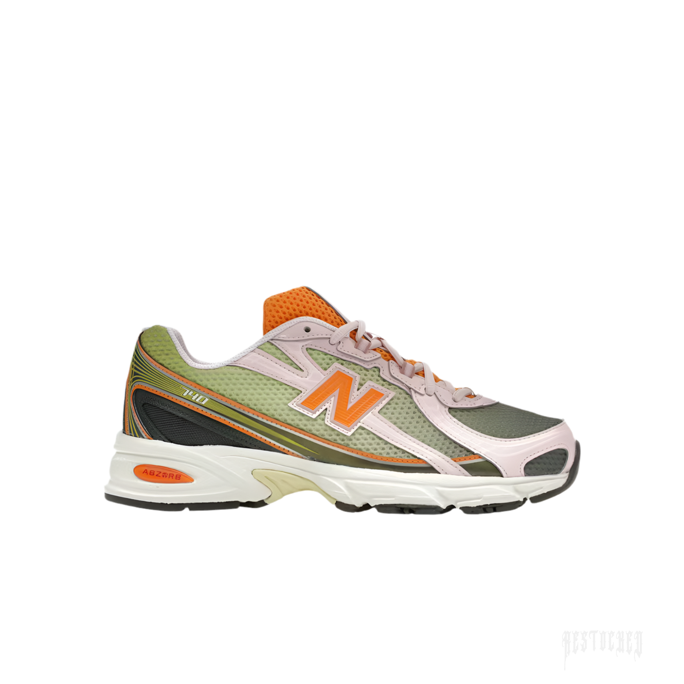 New Balance 740 Concepts Saignée sneaker with olive green gradient mesh, orange accents, and ABZORB midsole.