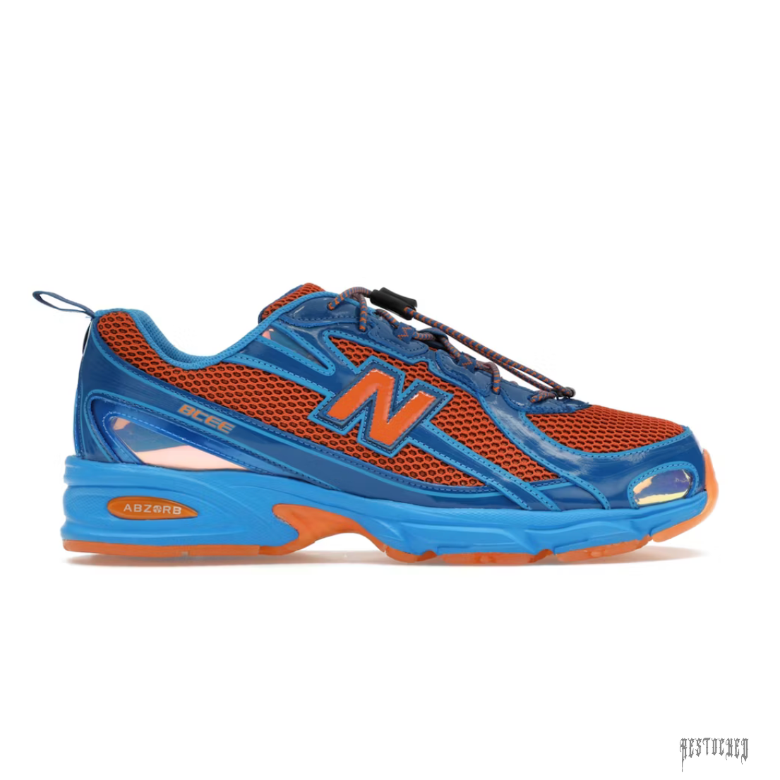 New Balance 740V2 Amine Benson Tech sneaker in vibrant blue and orange mesh with toggle laces and ABZORB sole.