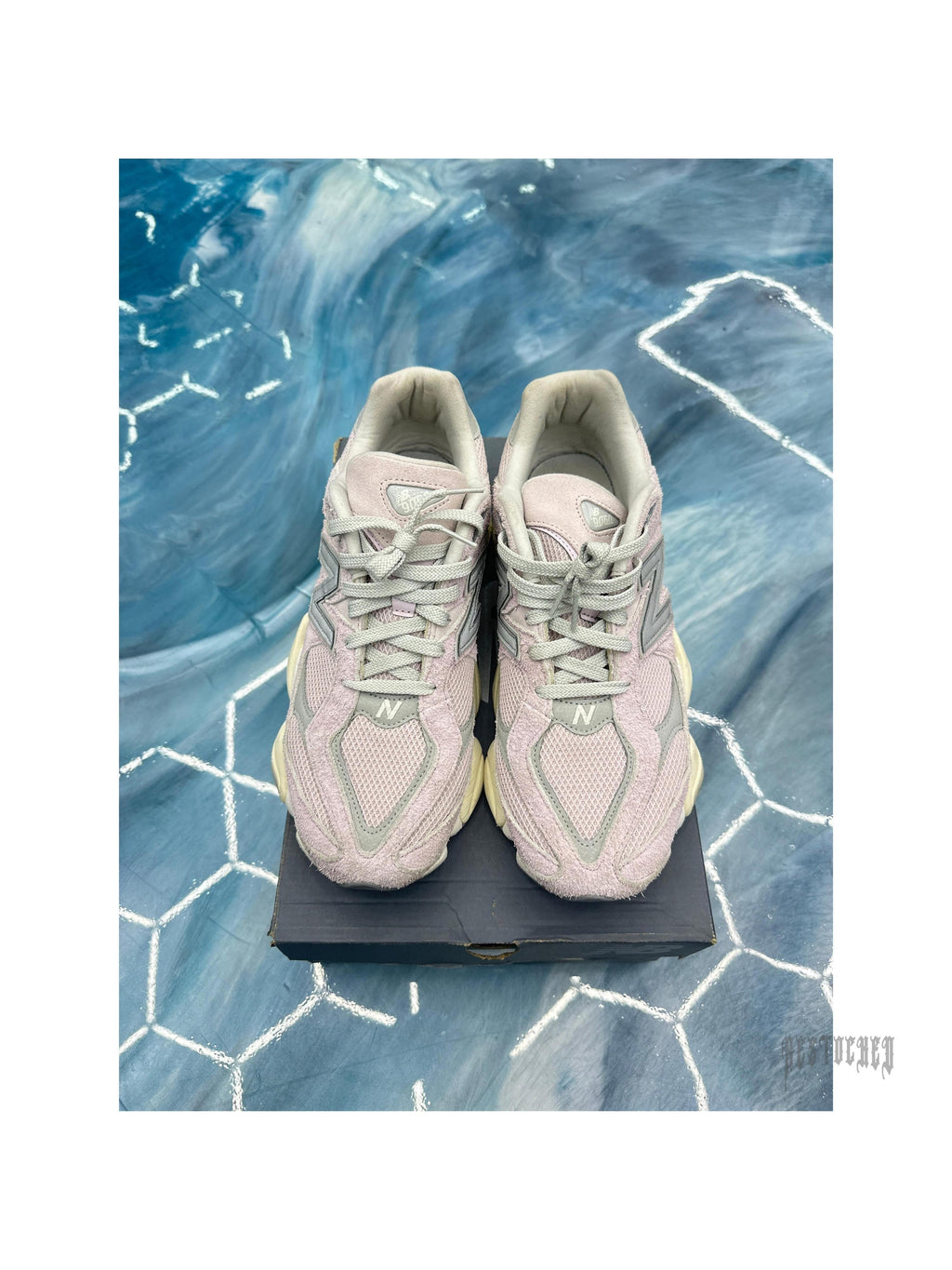 Pre-owned New Balance 9060 December Sky sneakers, size 12, light purple mesh and suede with grey accents.