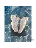 Pre-owned New Balance 9060 December Sky sneakers, size 12, light pink suede and mesh with grey accents.