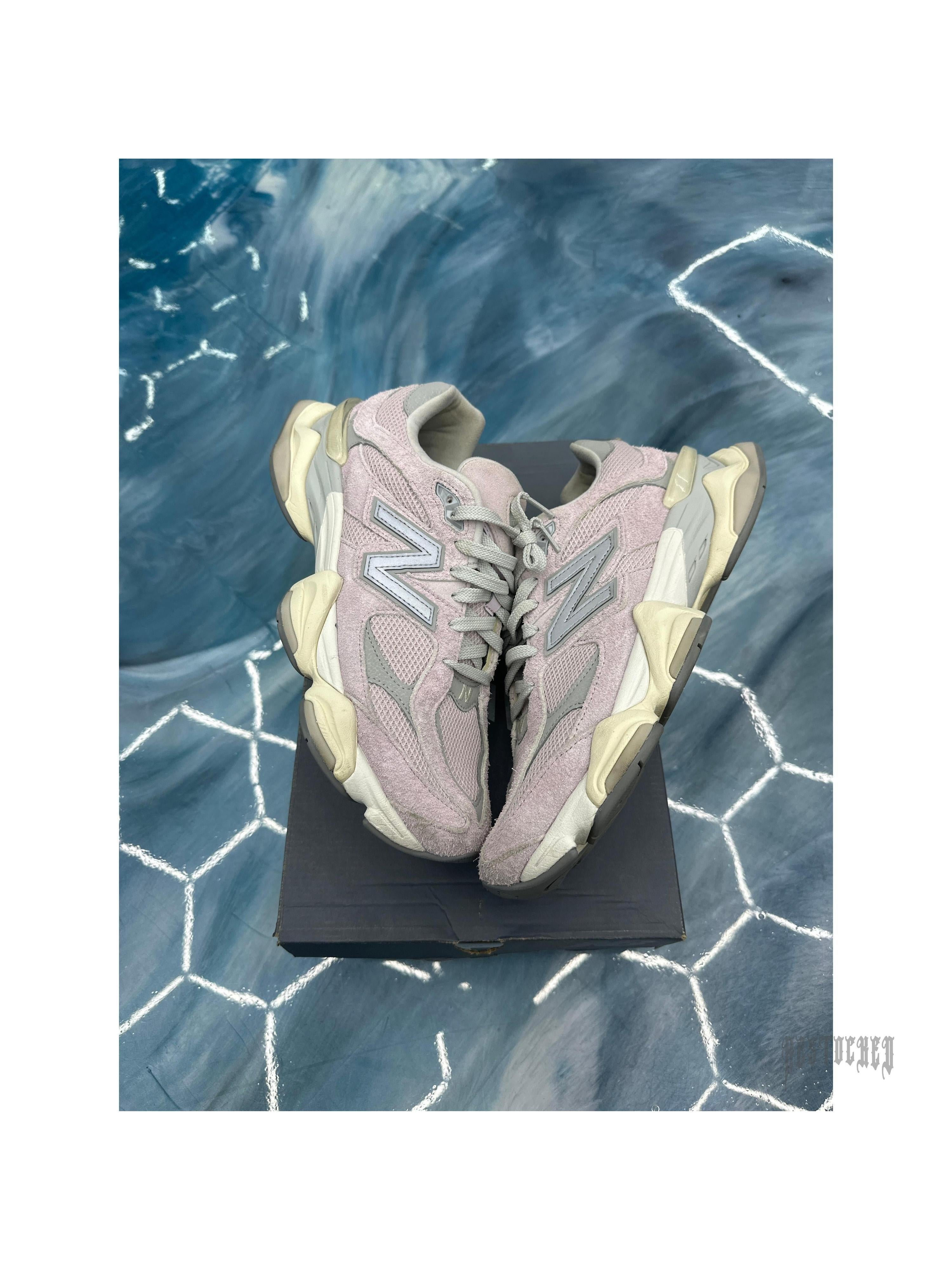 Pre-owned New Balance 9060 December Sky sneakers, size 12, light pink suede and mesh with grey accents.