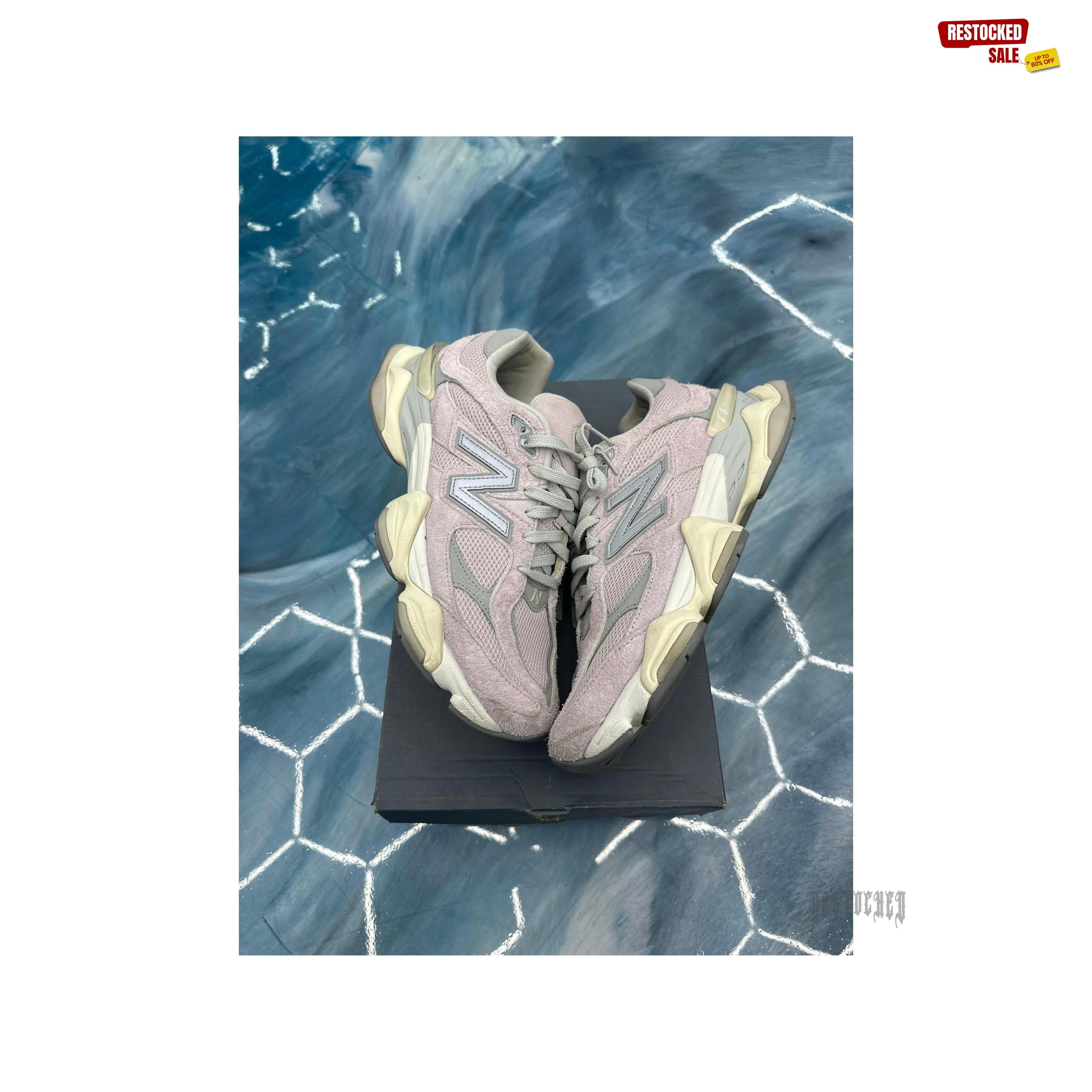 Pre-owned New Balance 9060 December Sky sneakers, size 12, light pink suede and mesh with grey accents.