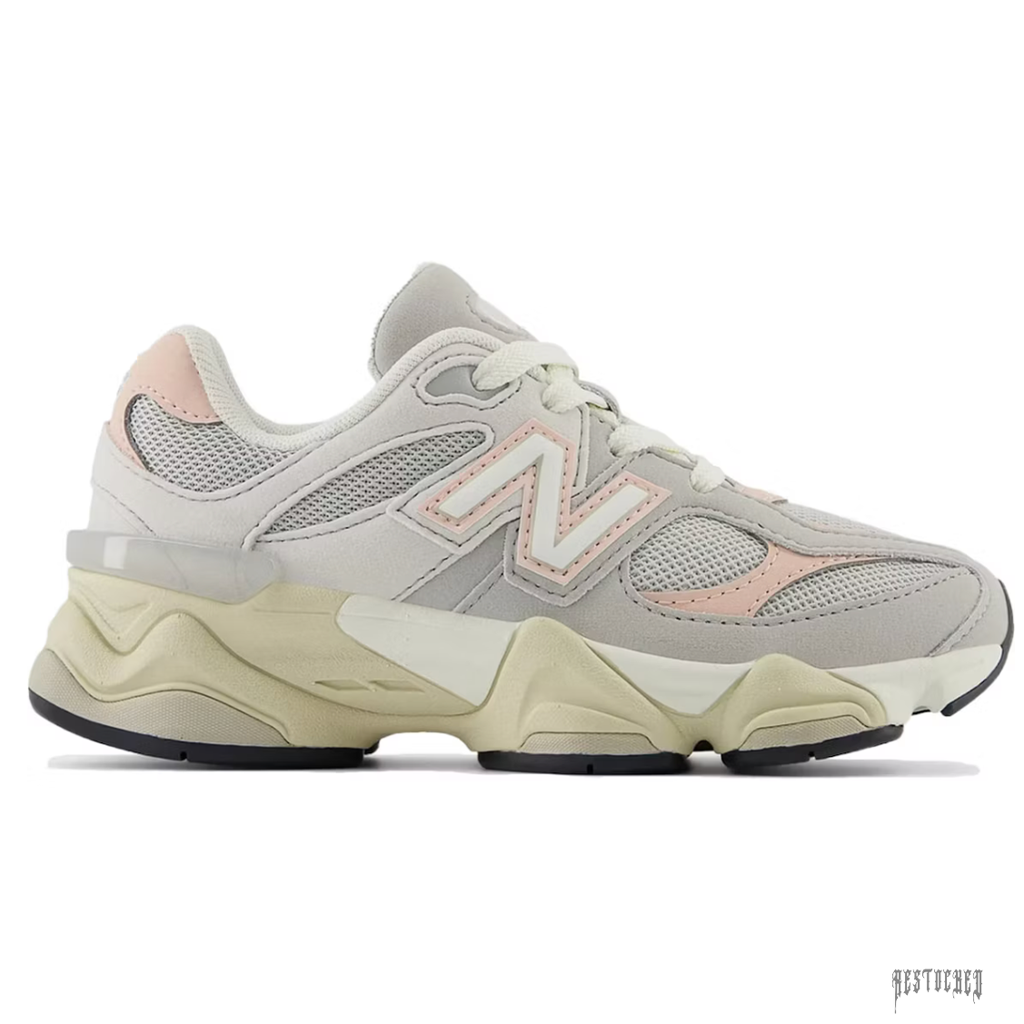 New Balance 9060 Grey Matter Pink Haze PS sneaker with mesh and suede upper, chunky off-white sole.