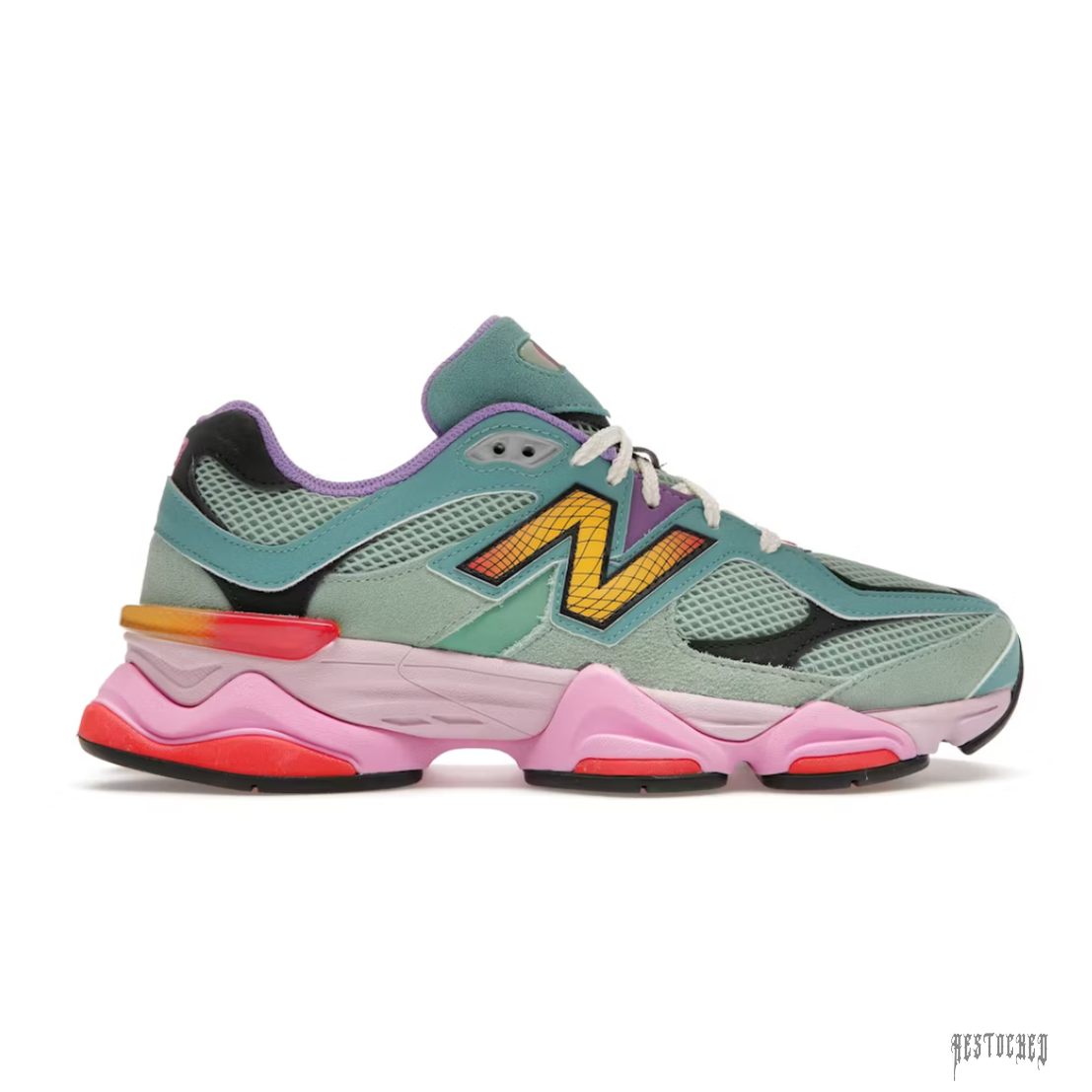 New Balance 9060 Warped Multi-Color sneaker with teal mesh, suede, pink sole, and yellow/orange "N" logo.