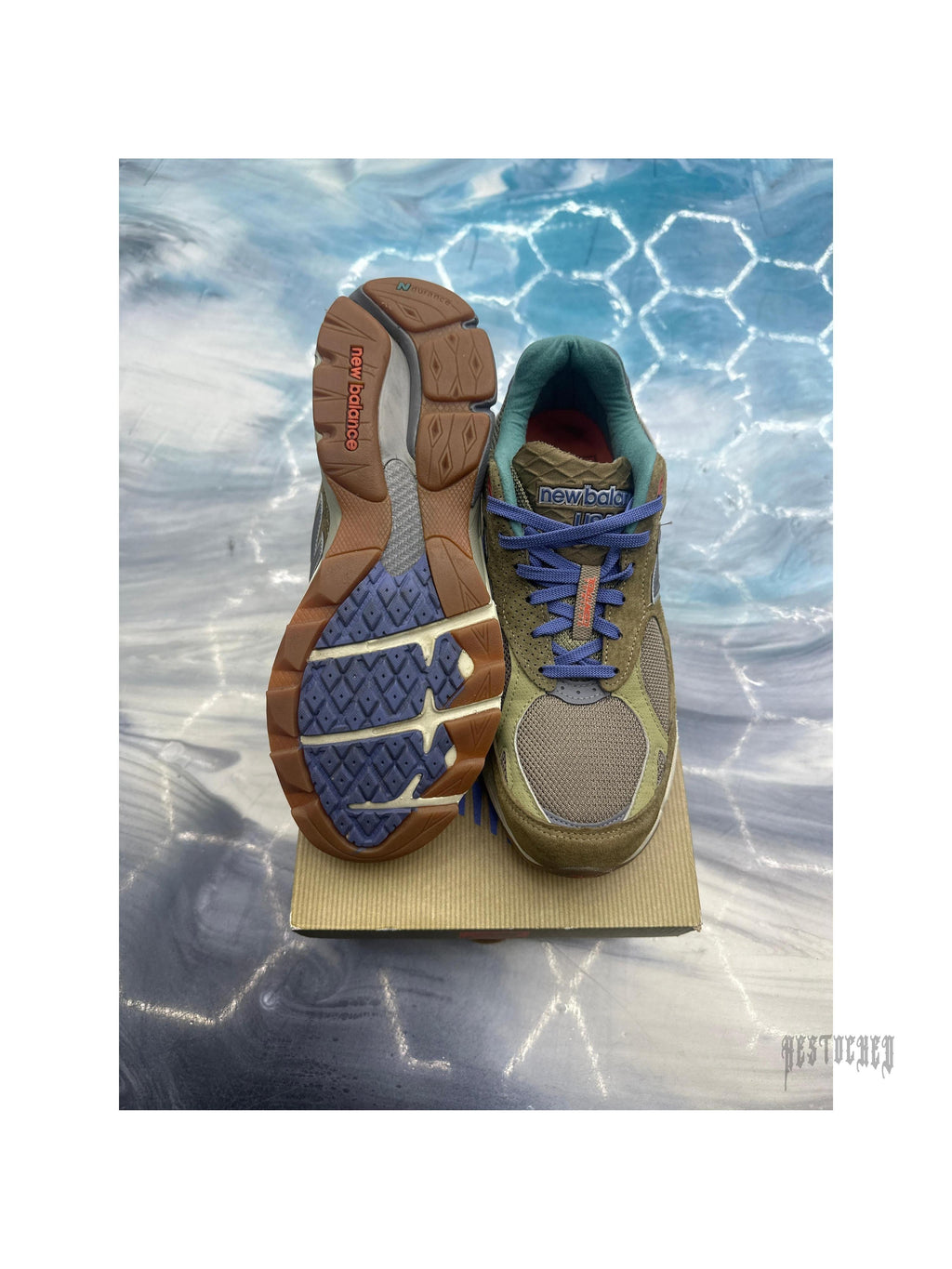Pre-owned New Balance 990v3 Bodega "Here to Stay" sneakers, size 9, with olive green suede, mesh, and blue accents.