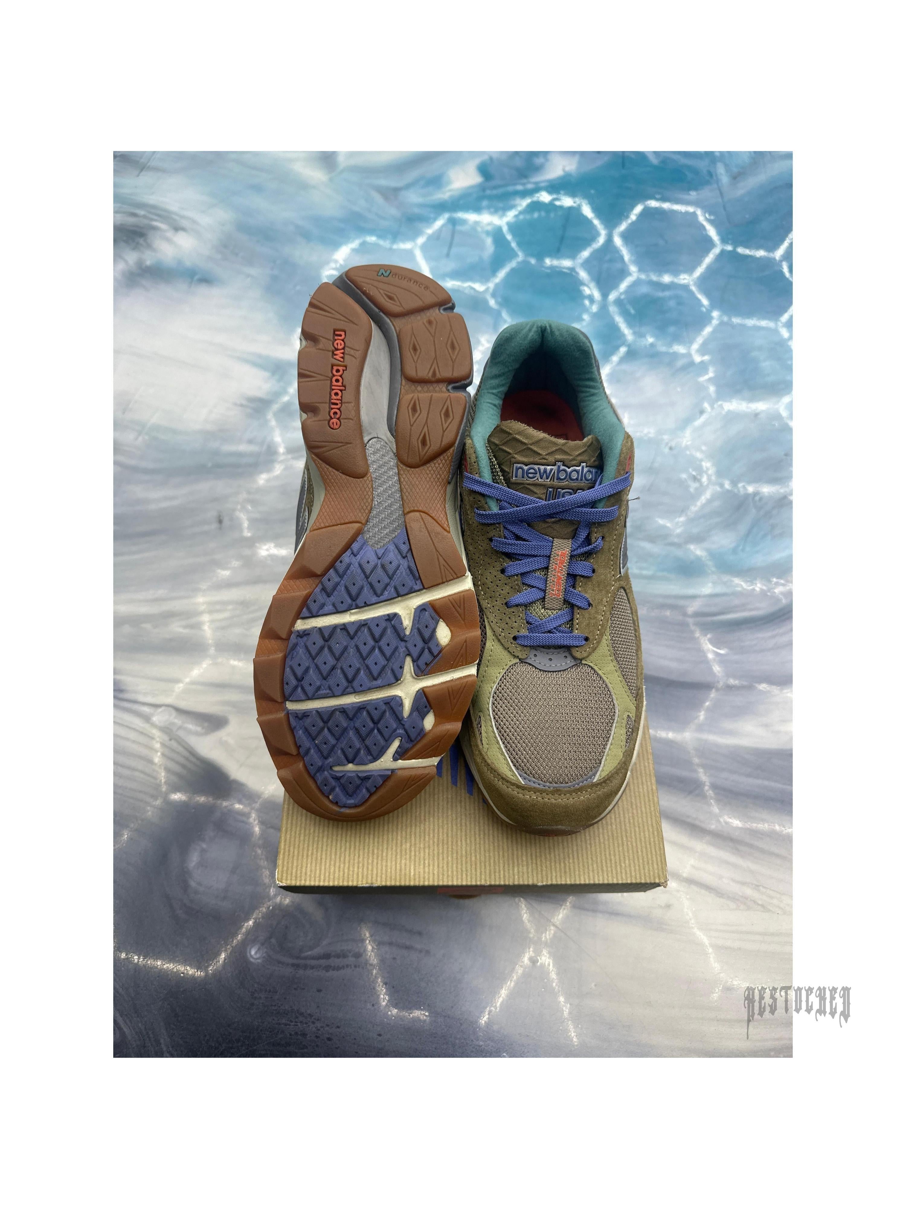 Pre-owned New Balance 990v3 Bodega "Here to Stay" sneakers, size 9, with olive green suede, mesh, and blue accents.
