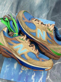 New Balance 990v3 Joe Freshgoods "Outside Clothes" sneakers, tan suede, blue mesh, green accents, size 7.5.