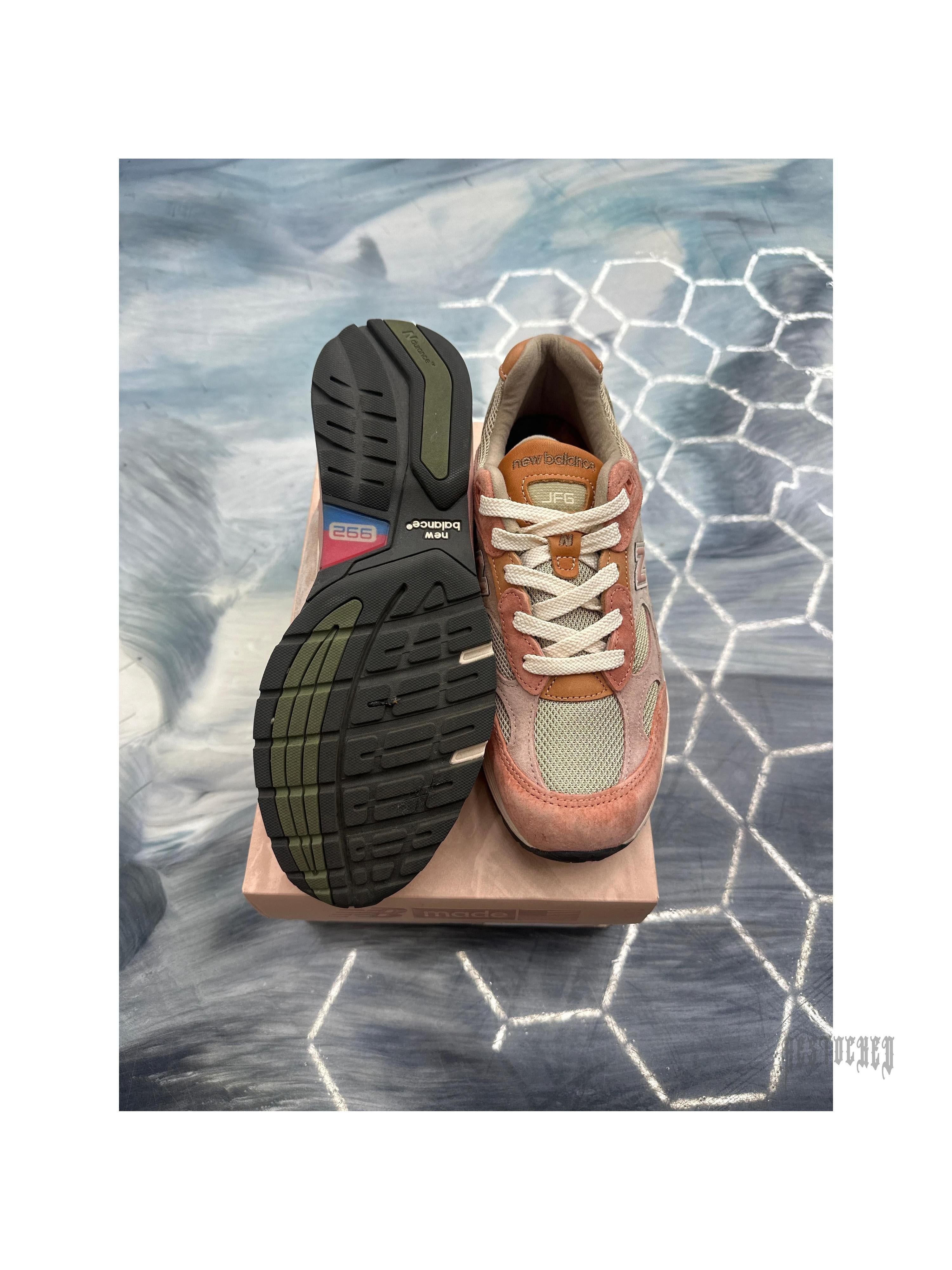 New Balance 992 Joe Freshgoods "Aged Well" sneakers, size 8.5, with pink suede, mesh, and tan accents.