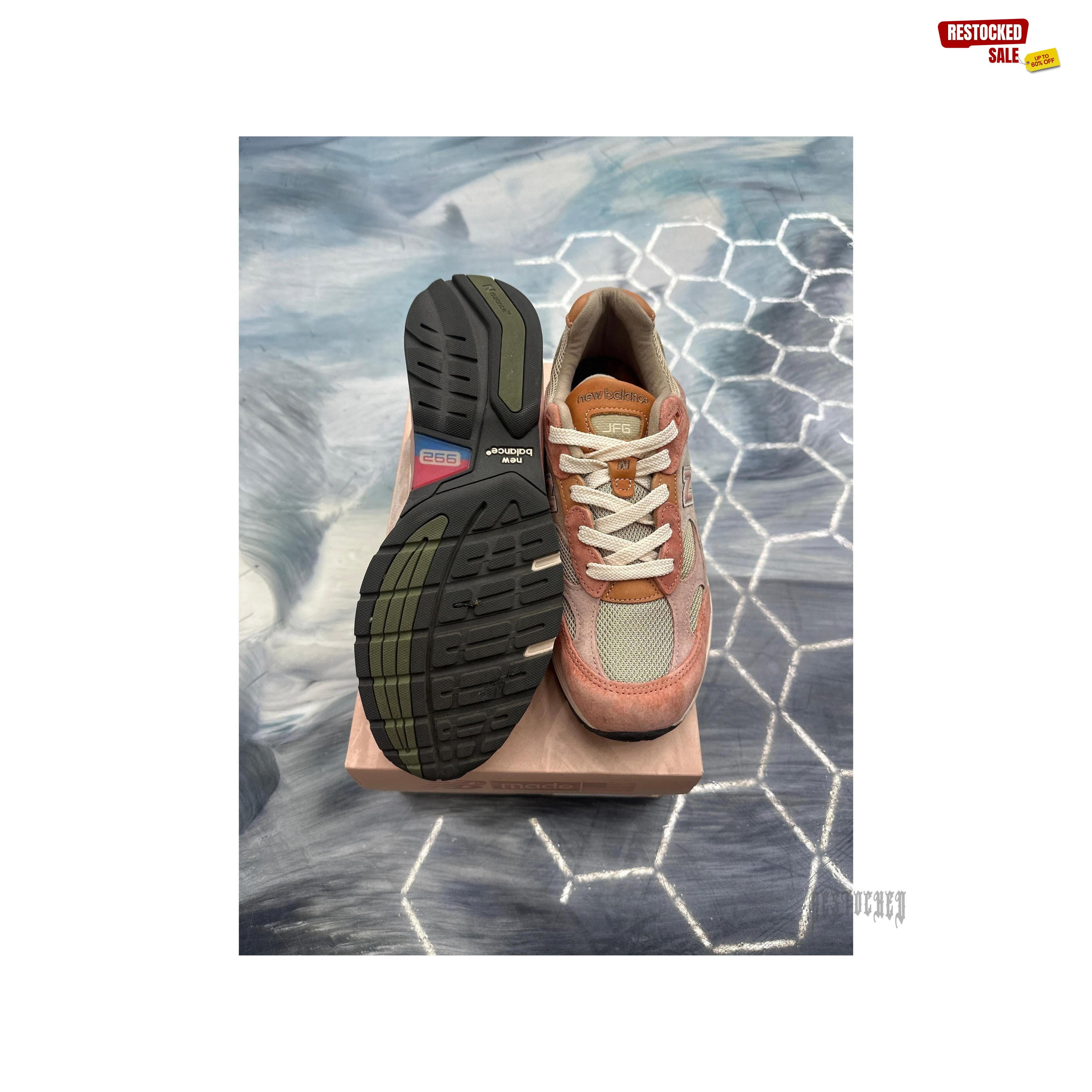 New Balance 992 Joe Freshgoods "Aged Well" sneakers, size 8.5, with pink suede, mesh, and tan accents.