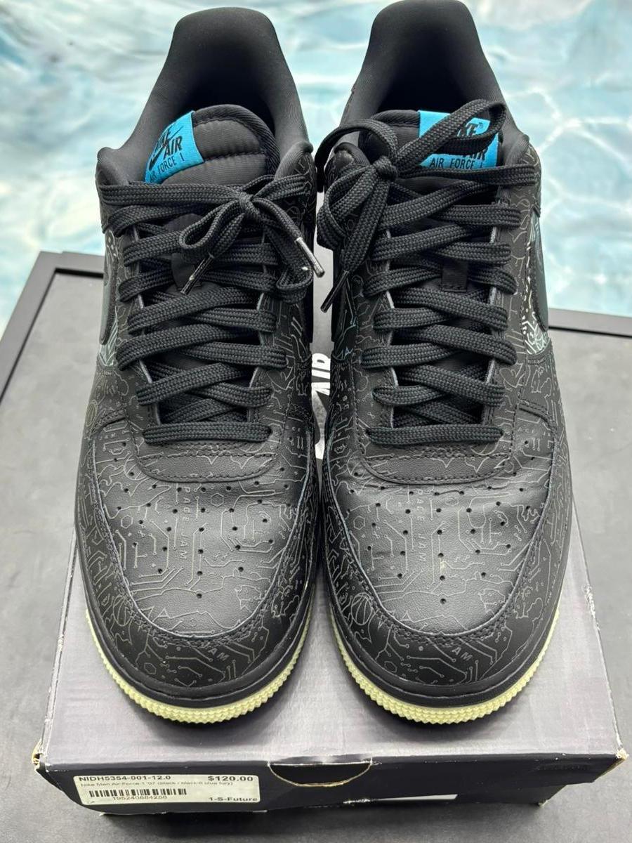 Pre-owned black Nike Air Force 1 Low Computer Chip Space Jam sneakers, size 12, with circuit board pattern and teal accents.