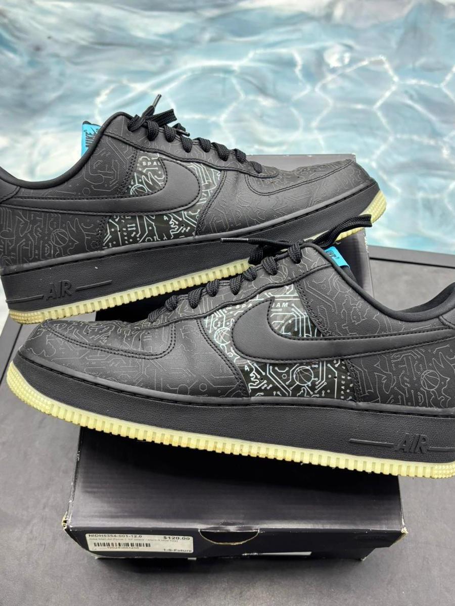 Black Nike Air Force 1 Low Computer Chip Space Jam sneakers, size 12, with glow-in-the-dark soles.