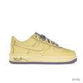NIKE AIR FORCE 1 LOW PROTO KOBE BRYANT Mamba Mentality sneaker in pale yellow leather with purple accents and patterned laces.