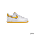 NIKE AIR FORCE 1 LOW KOBE BRYANT LAKERS HOME: White leather sneaker with yellow swoosh, heel, and sole.