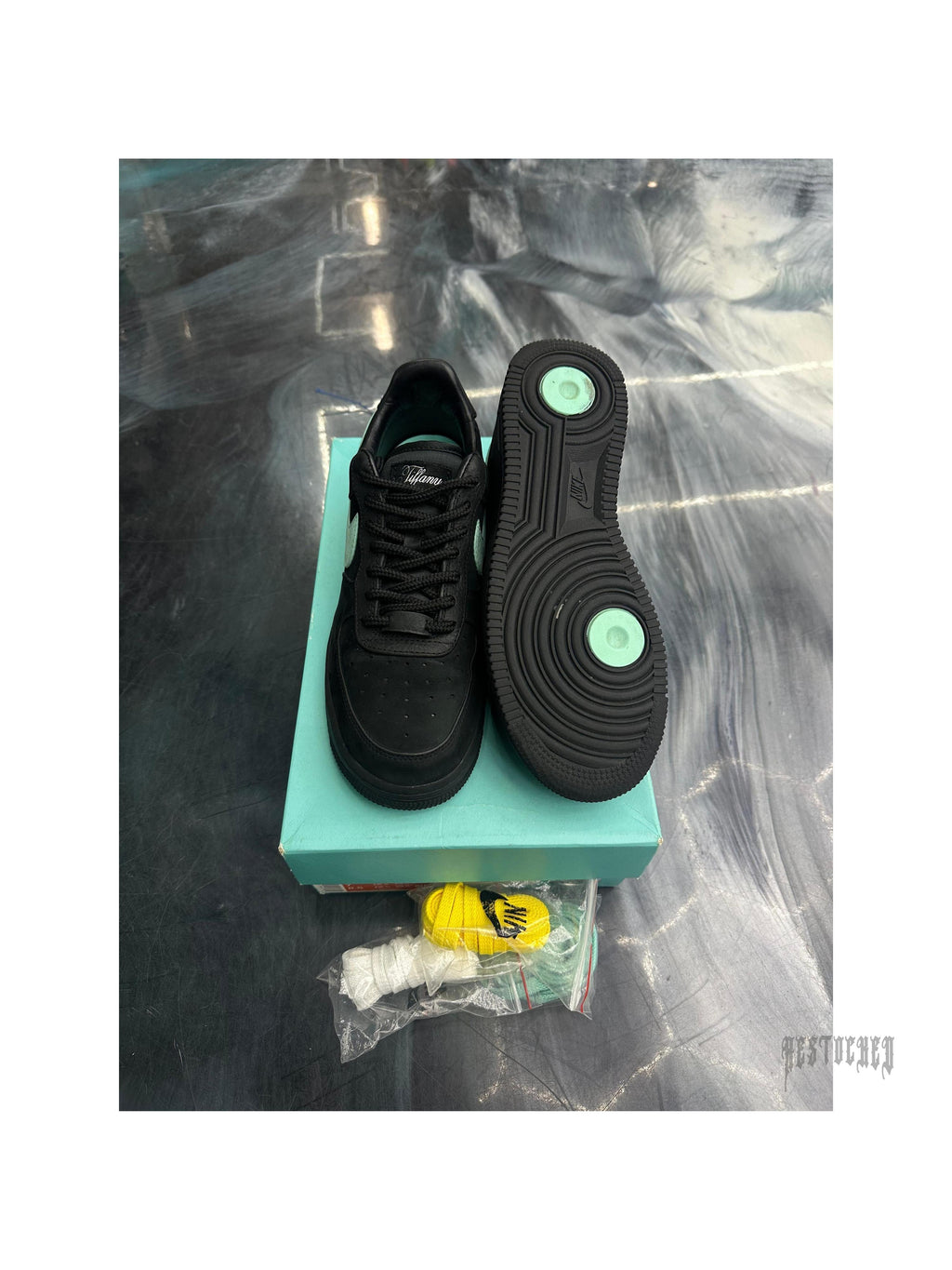 Pre-owned Nike Air Force 1 Low Tiffany & Co. 1837, black leather with Tiffany blue accents, size 7.