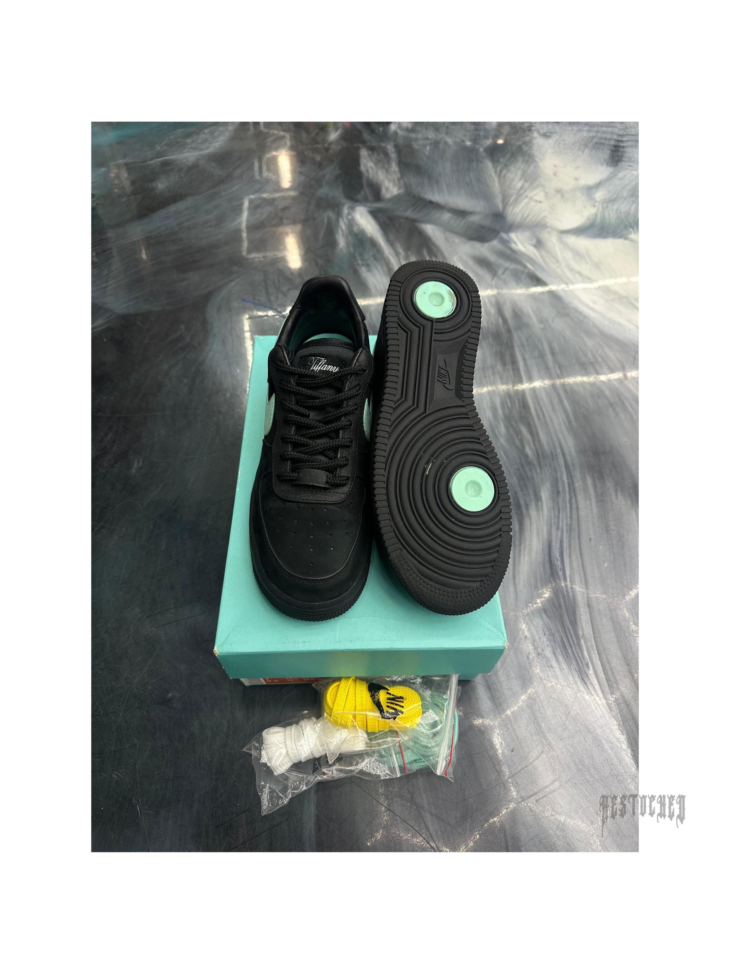 Pre-owned Nike Air Force 1 Low Tiffany & Co. 1837, black leather with Tiffany blue accents, size 7.