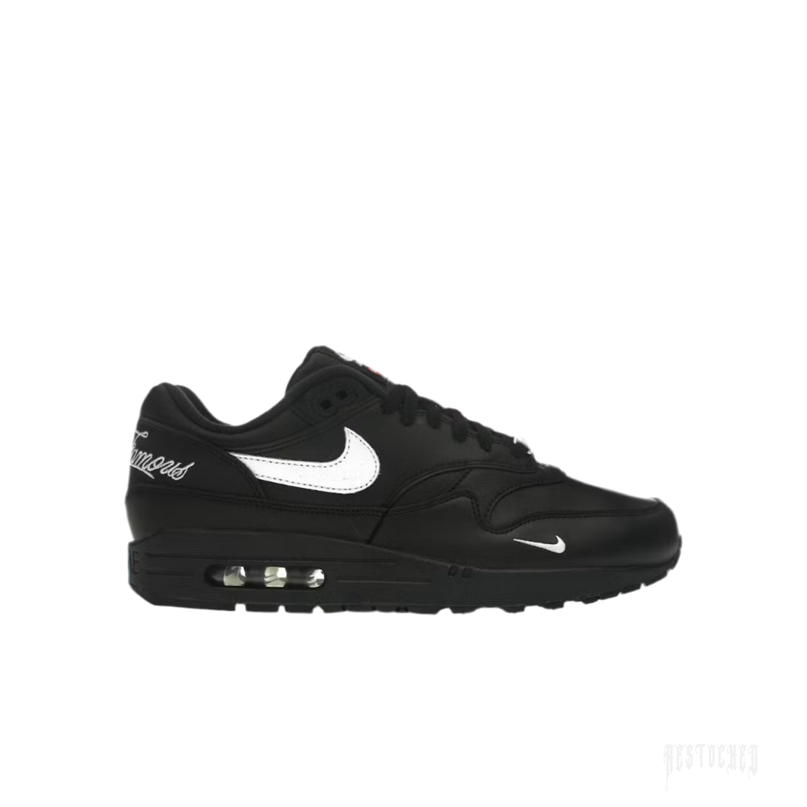 NIKE AIR MAX 1 '87 SP Supreme Black White sneaker, featuring a black leather upper, white Swoosh, and visible Air unit.