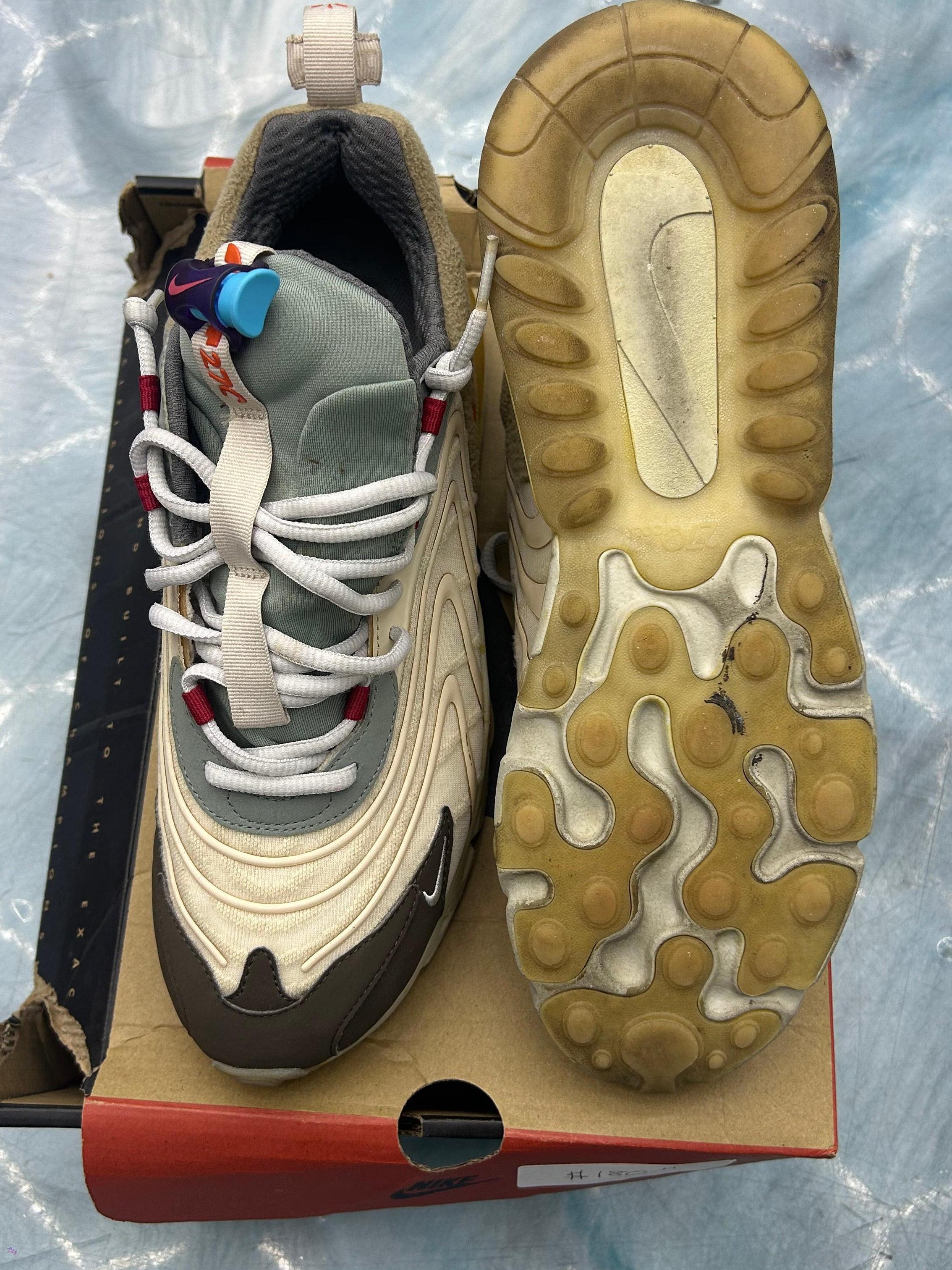 Pre-owned Nike Air Max 270 React ENG Travis Scott Cactus Trails sneakers, size 10, with visible wear on soles.