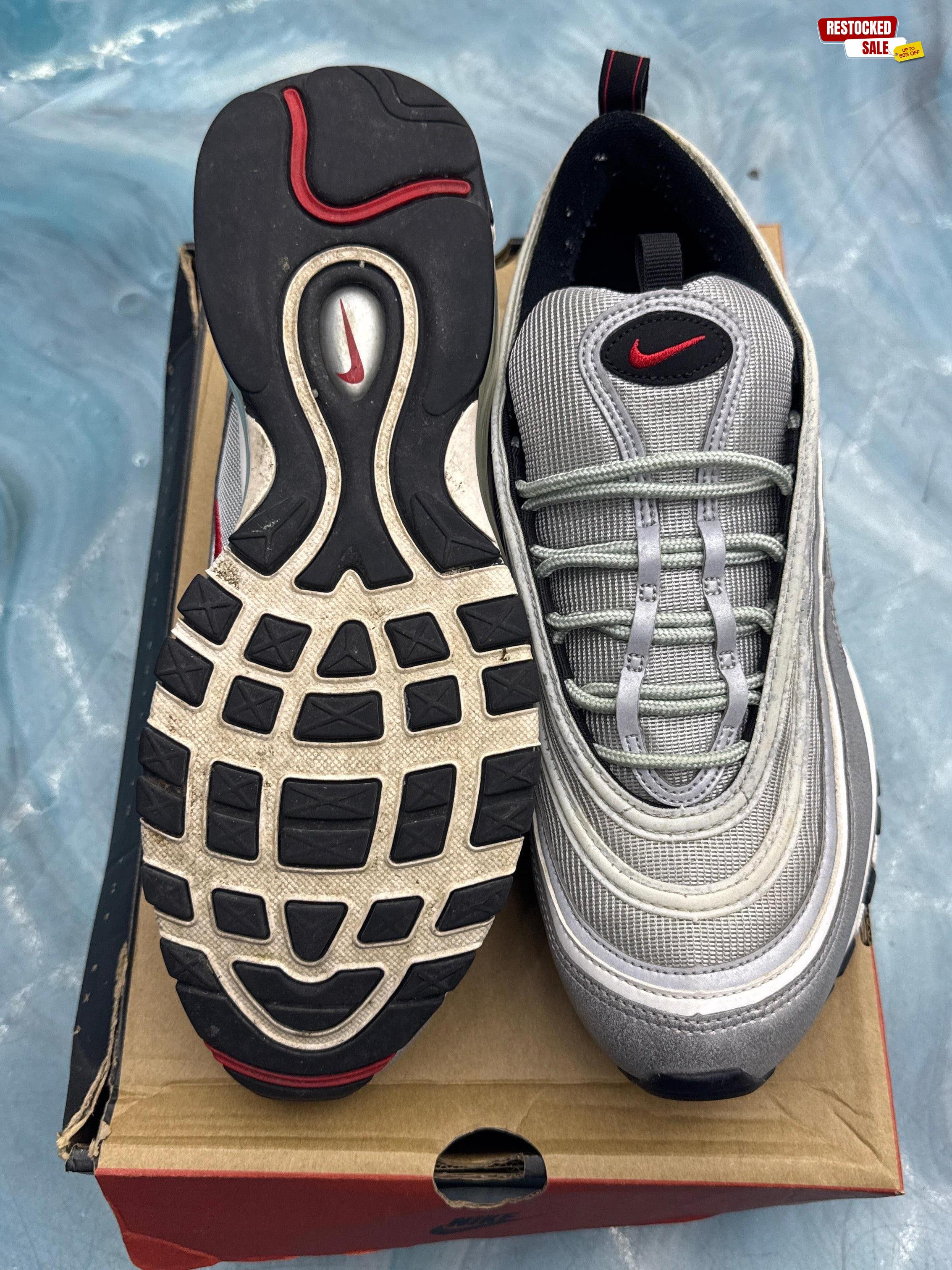 Pre-owned NIKE AIR MAX 97 Silver Bullet size 11, showing silver upper, red swoosh, and black/red outsole.