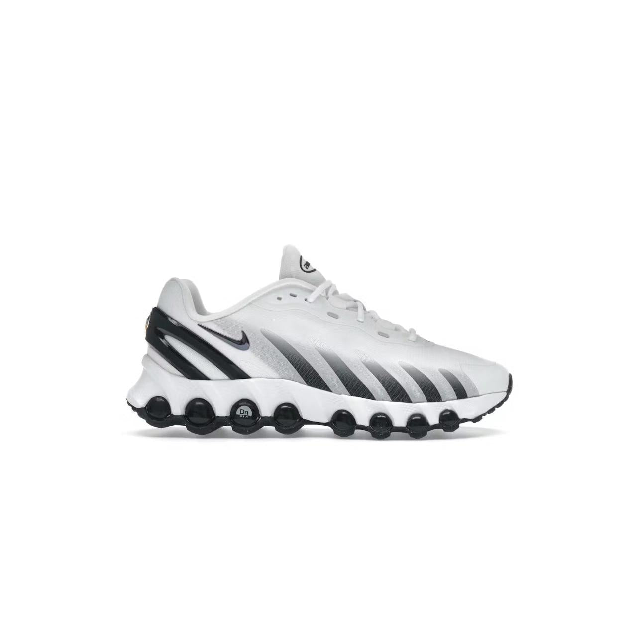 NIKE AIR MAX DN8 WHITE BLACK sneaker with black striped upper and black bubble sole.