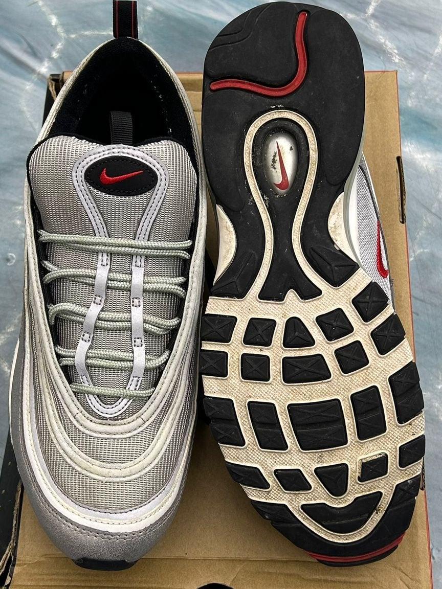 Pre-owned Nike Air Max Silver Bullet size 11. Silver mesh and leather upper, red Nike swoosh, black and white sole.