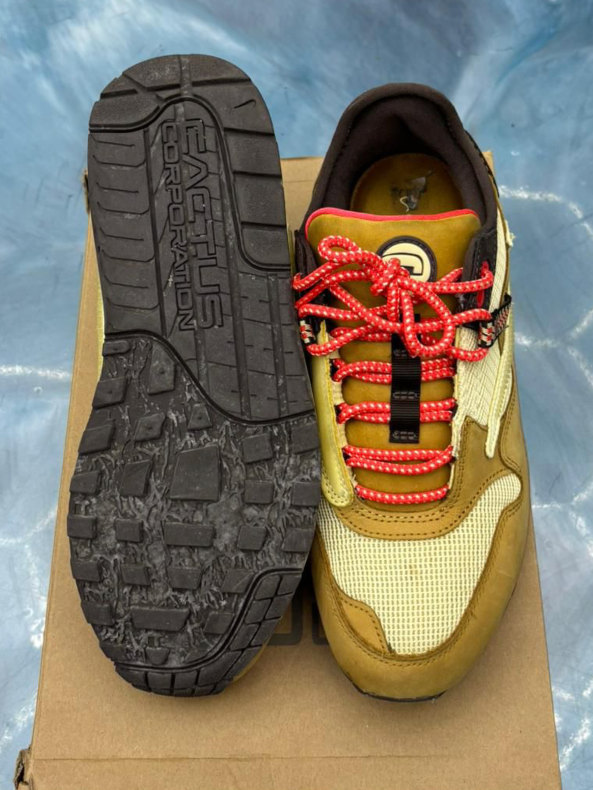Pre-owned Nike Air Max 1 Travis Scott Cactus Jack Wheat Lemon Drop, size 8, showing top and sole.