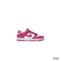 NIKE DUNK LOW ACTIVE FUCHSIA (PS) sneaker, fuchsia pink and white leather, side view.