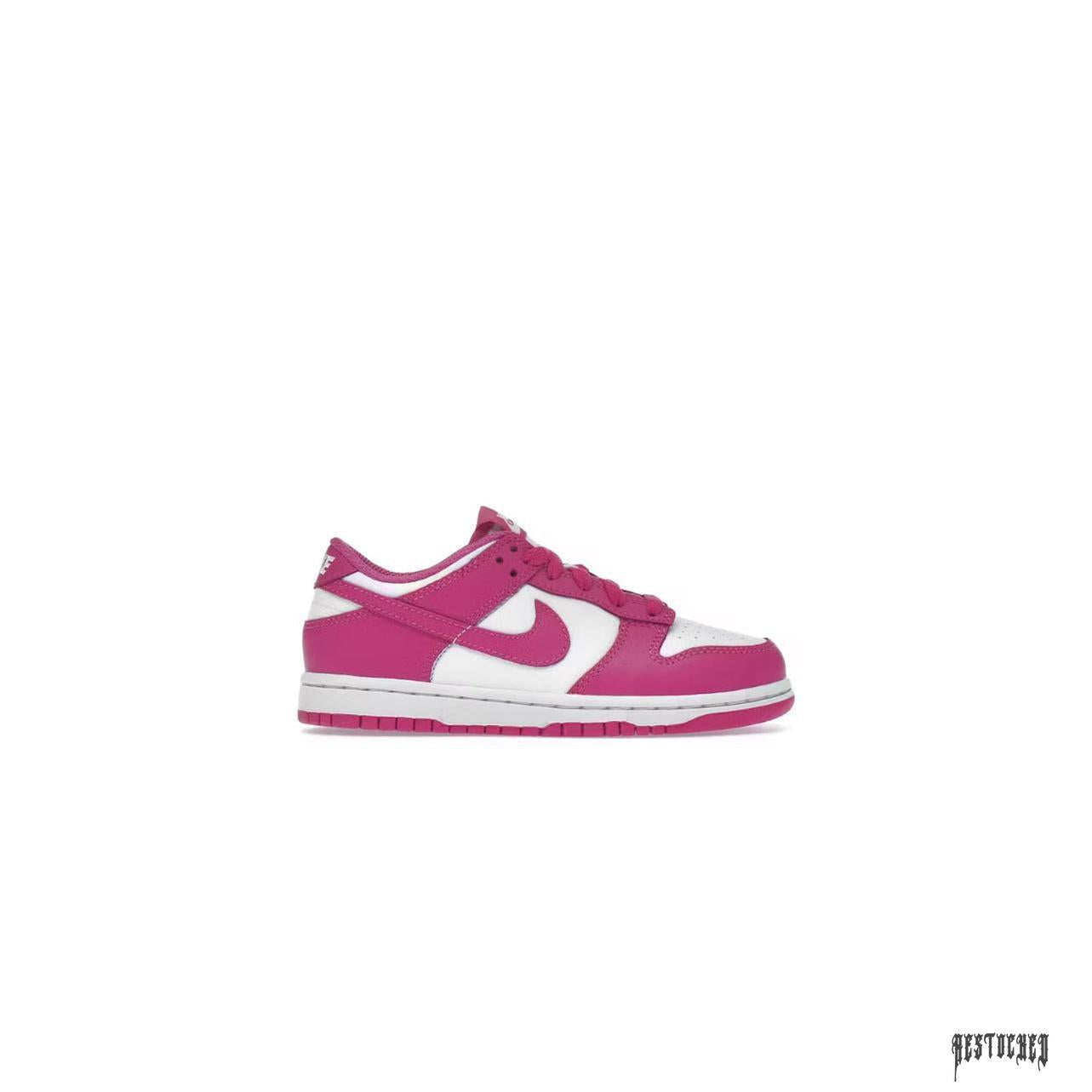 NIKE DUNK LOW ACTIVE FUCHSIA (PS) sneaker, fuchsia pink and white leather, side view.