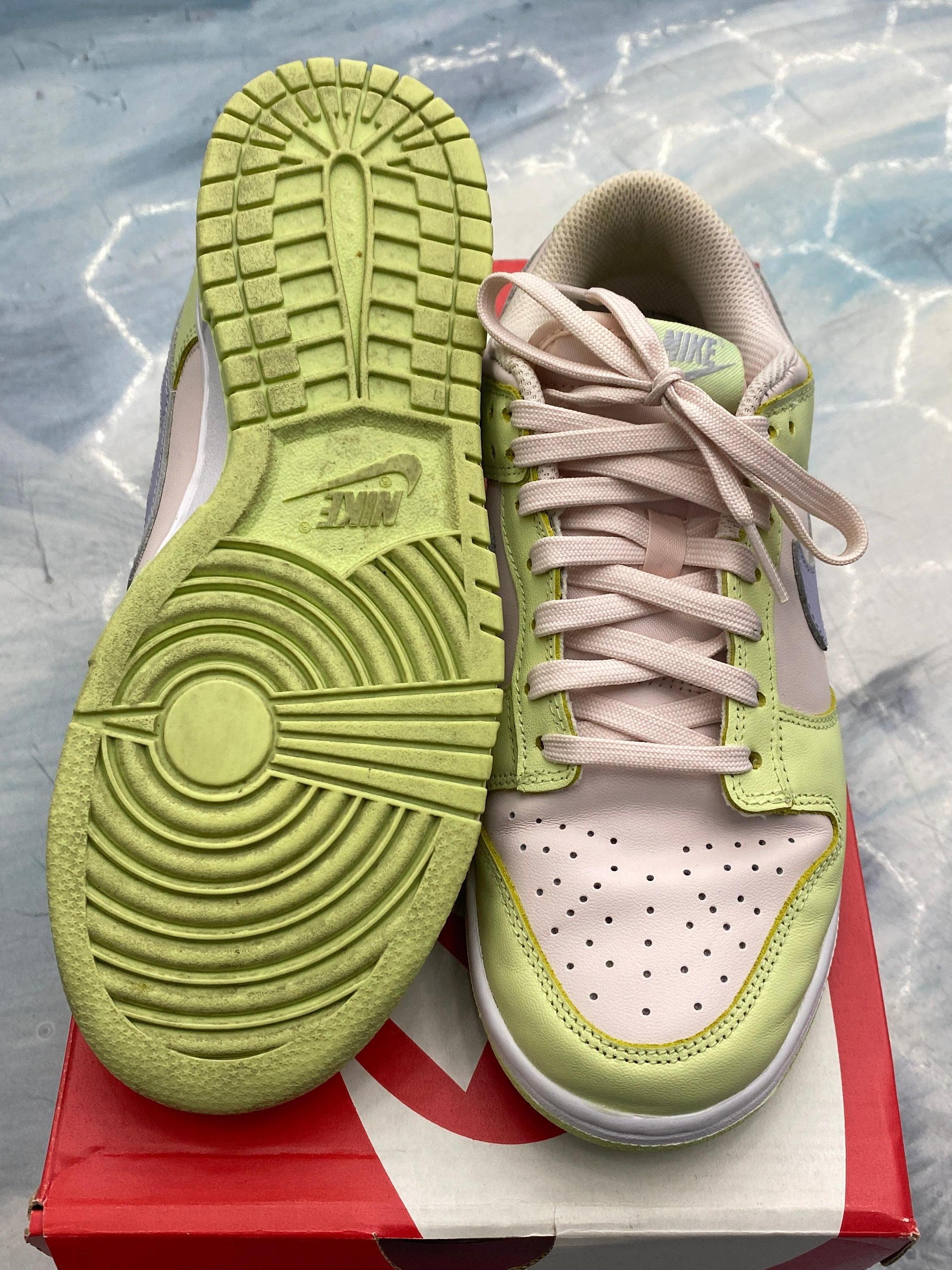 NIKE DUNK LOW LIME ICE WOMENS PRE OWNED 6.5, light green and pink leather sneakers with a green sole.