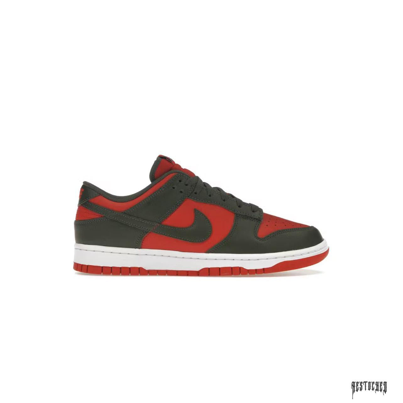 NIKE DUNK LOW Mystic Red Cargo Khaki sneaker with red leather overlays, dark green base, and white midsole.