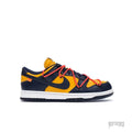 NIKE DUNK LOW OFF-WHITE University Gold sneakers with navy leather overlays, yellow accents, and orange laces.