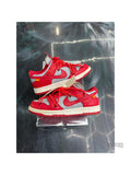 NIKE DUNK LOW OFF-WHITE University Red pre-owned size 7 sneakers with grey accents.