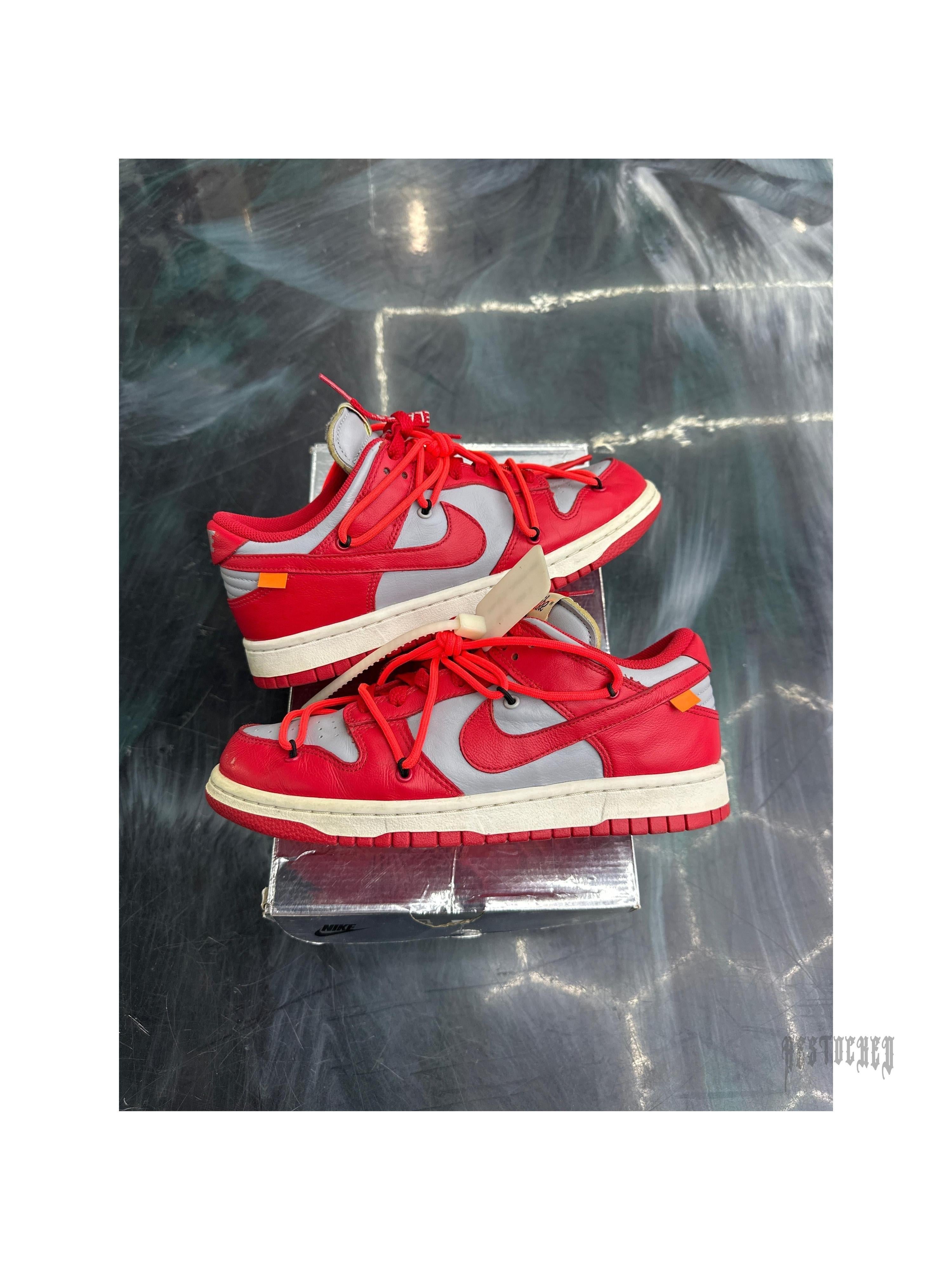 NIKE DUNK LOW OFF-WHITE University Red pre-owned size 7 sneakers with grey accents.