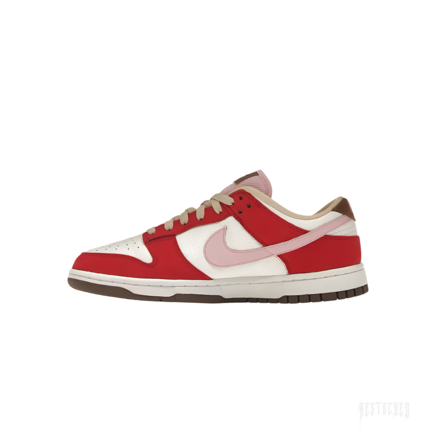 NIKE DUNK LOW PRM BACON women's sneaker with Sail leather, Sport Red suede, Sheen Pink Swoosh, and brown outsole.