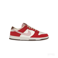 NIKE DUNK LOW PRM BACON women's sneaker with red suede, sail leather, pink swoosh, and brown outsole.