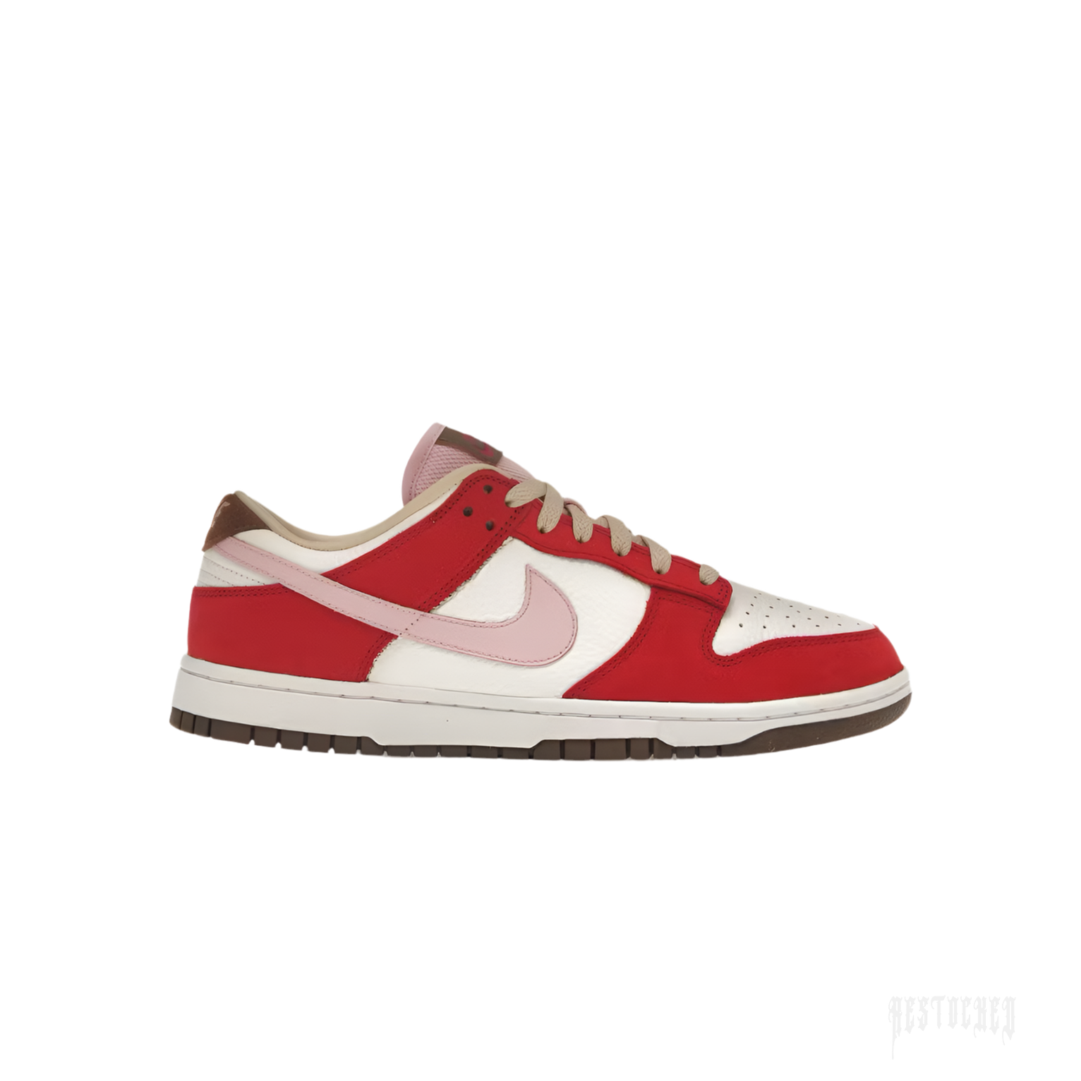 NIKE DUNK LOW PRM BACON women's sneaker with red suede, sail leather, pink swoosh, and brown outsole.