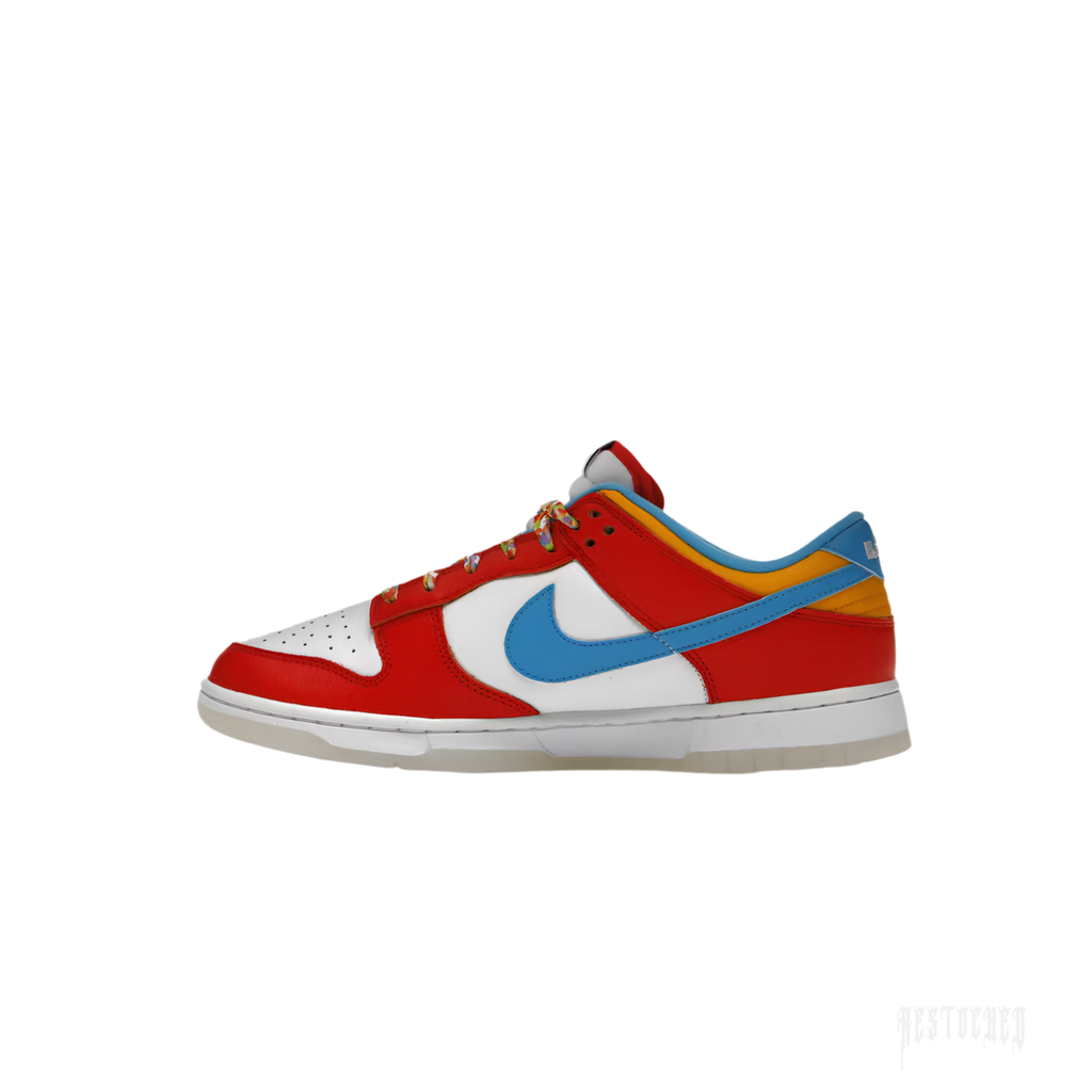 NIKE DUNK LOW QS LeBron James Fruity Pebbles sneaker, red and white leather with blue swoosh and colorful laces.