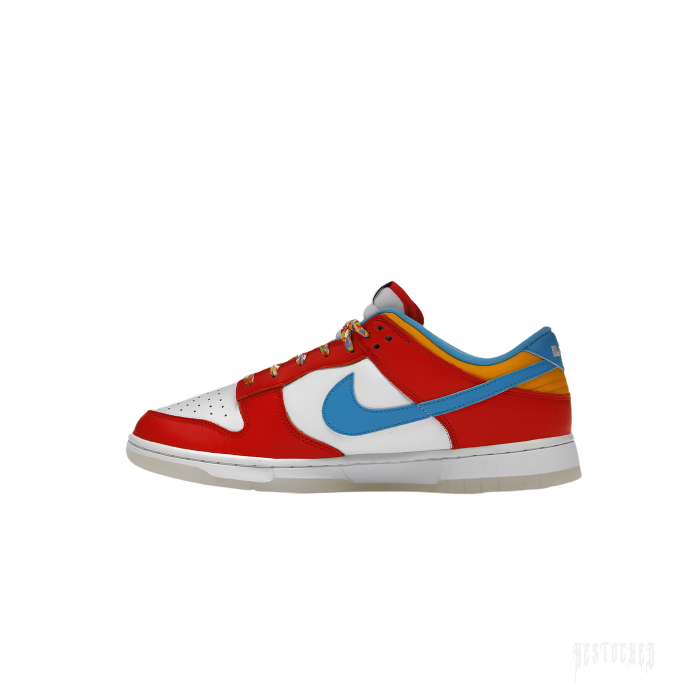 NIKE DUNK LOW QS LeBron James Fruity Pebbles sneaker, red and white leather with blue swoosh and colorful laces.